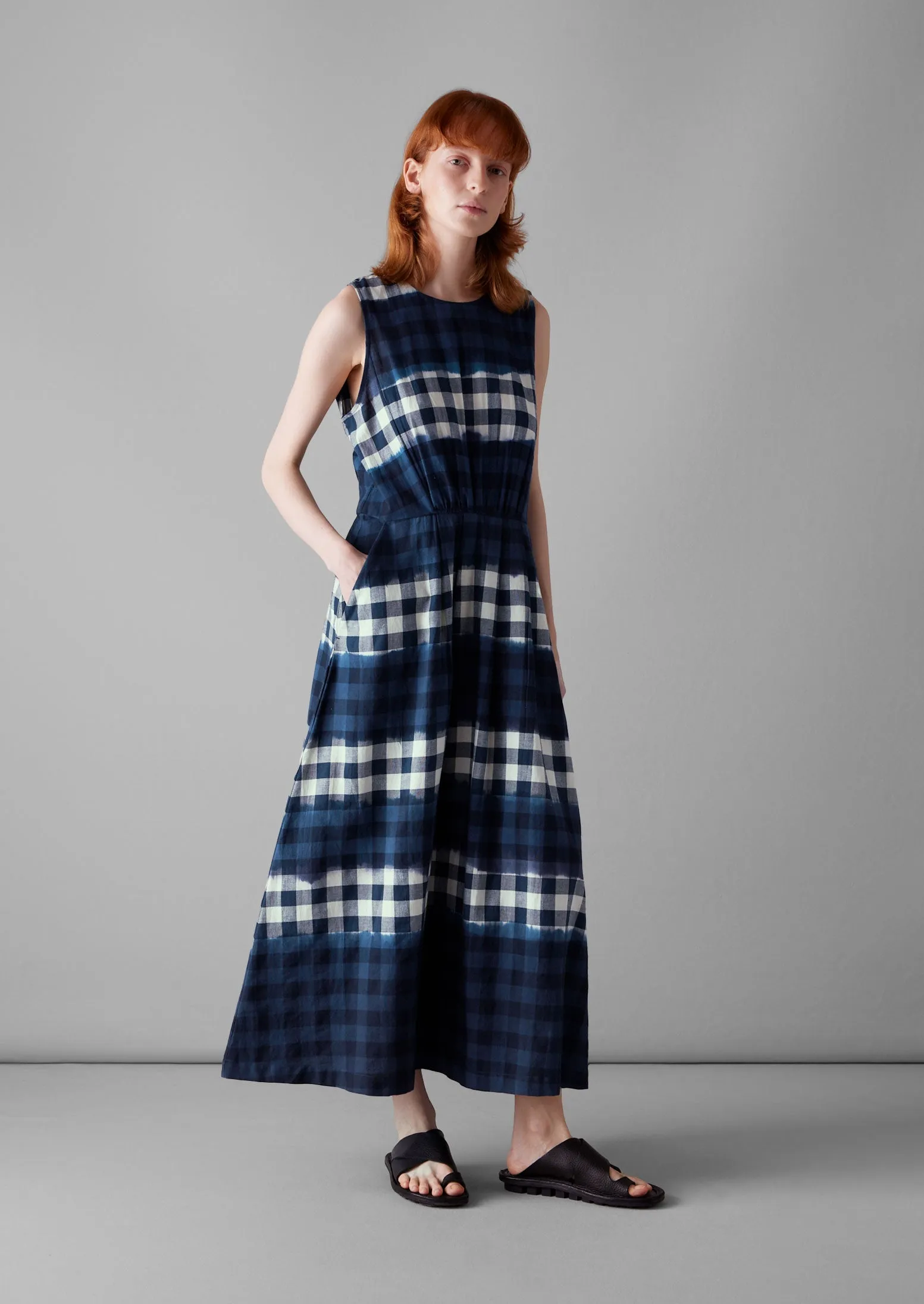 Dip Dye Stripe Gingham Cotton Dress | Navy/Ecru sold by TOAST product image thumbnail 3