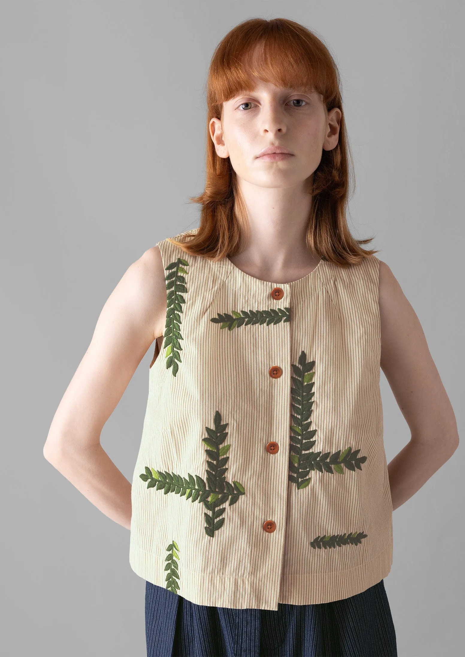 Leaf Embroidered Stripe Poplin Top | Garden Leaf sold by TOAST product image thumbnail 4