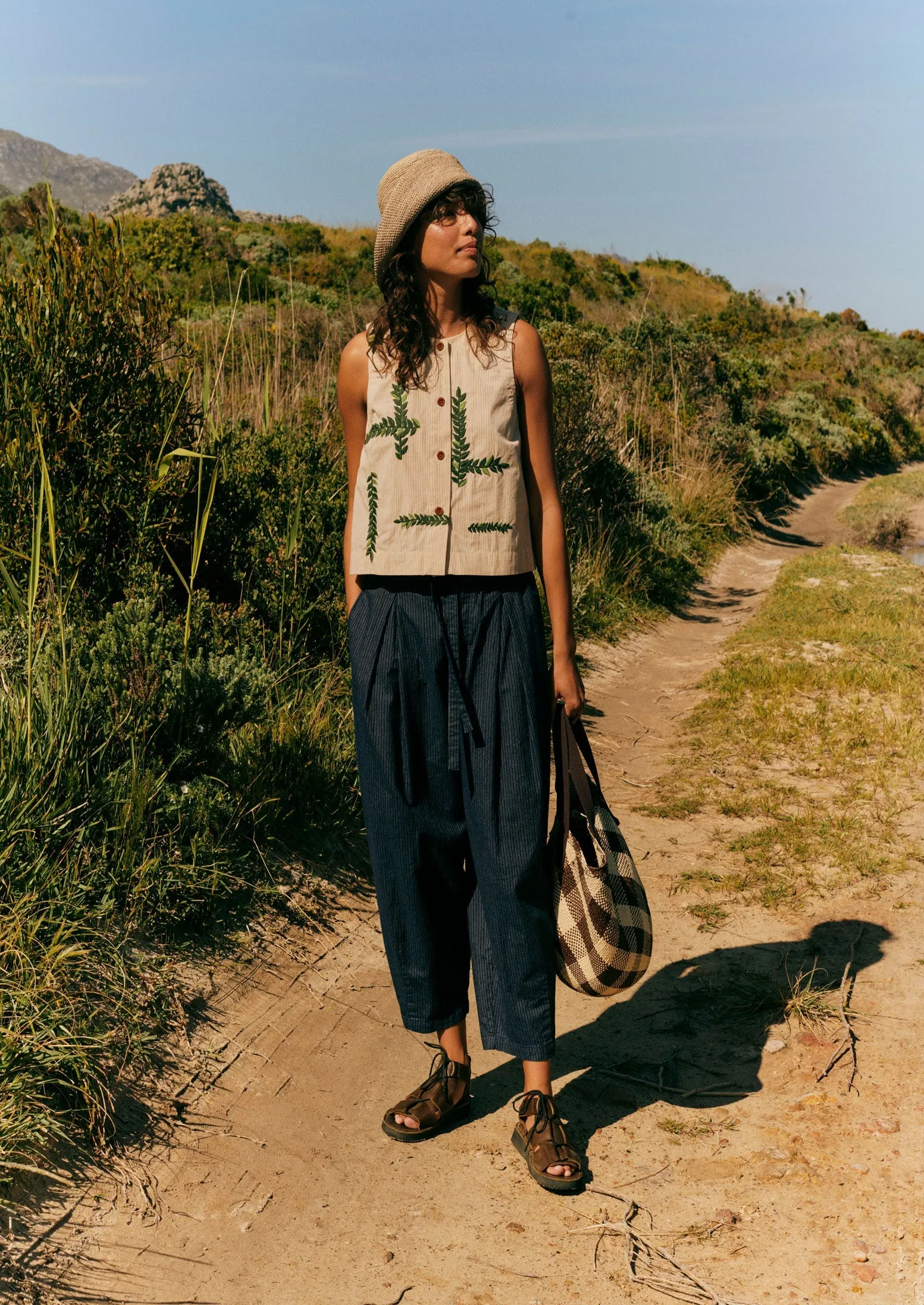 Leaf Embroidered Stripe Poplin Top | Garden Leaf | Parallel
