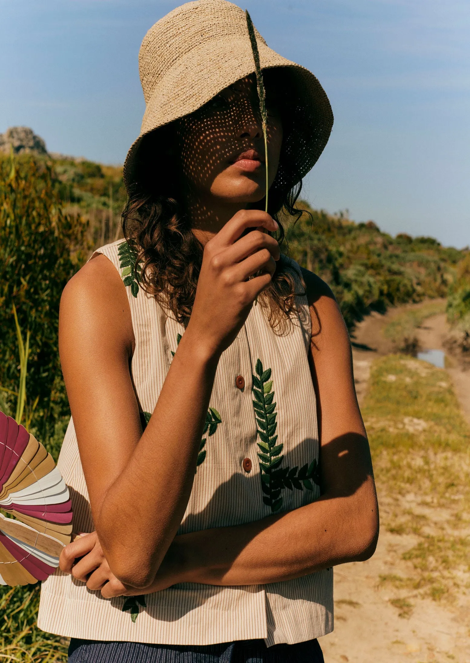 Leaf Embroidered Stripe Poplin Top | Garden Leaf | Parallel