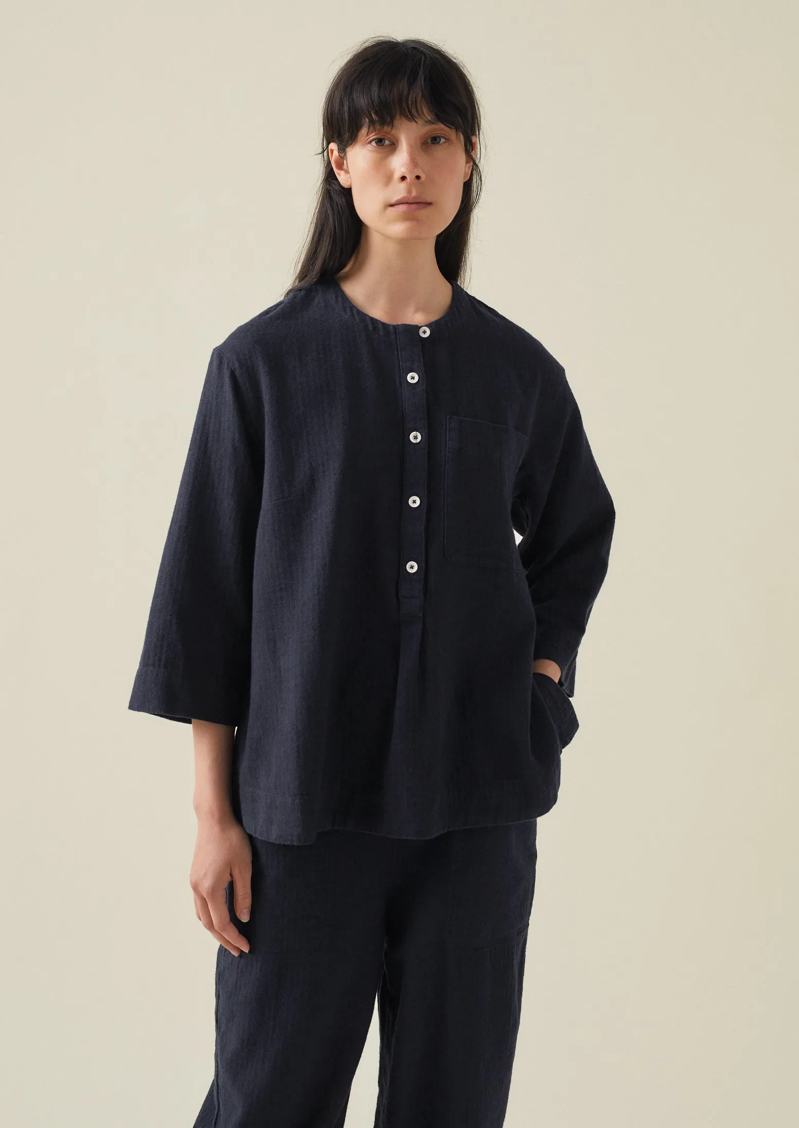 Brushed Cotton Linen Herringbone Shirt | Midnight | Parallel