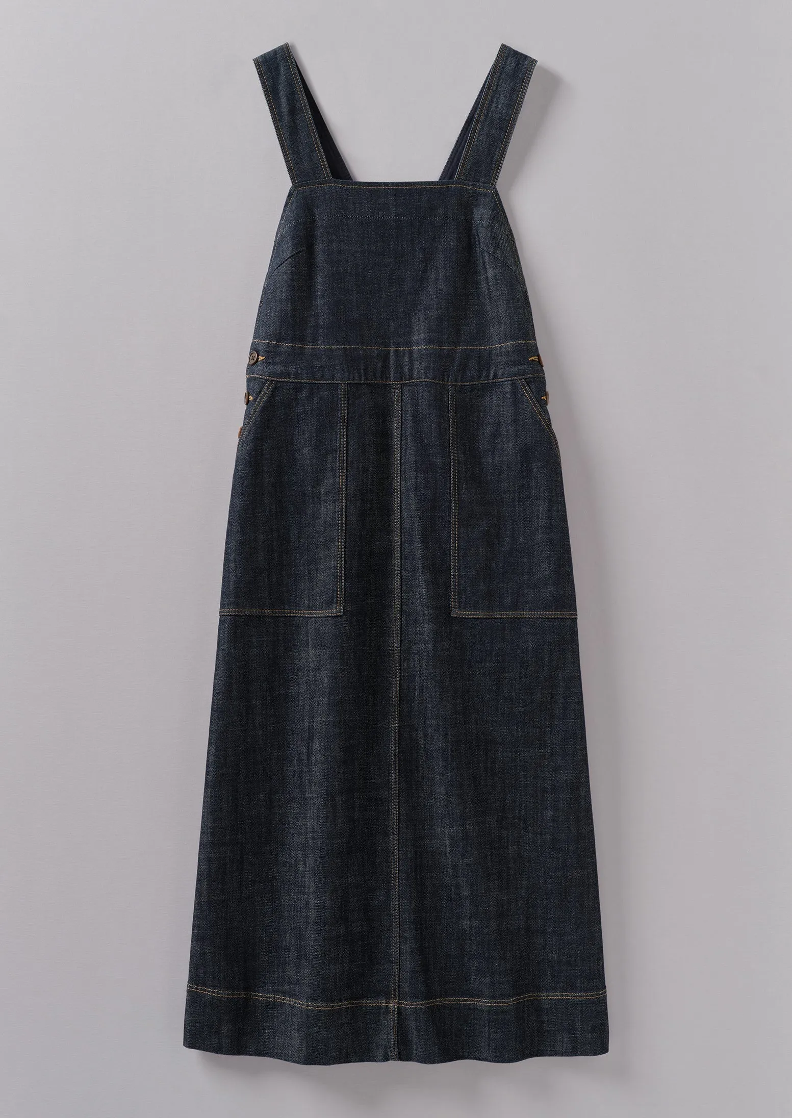 Side Button Denim Pinafore Dress | Indigo sold by TOAST
