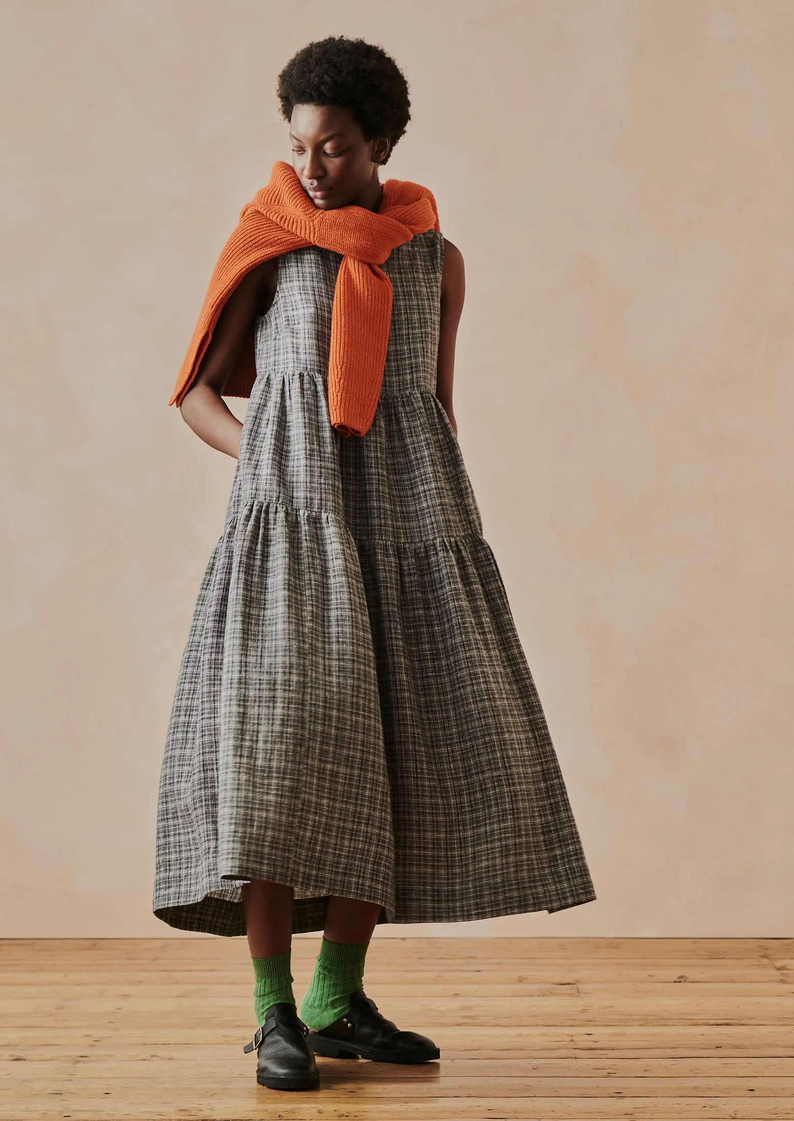 Tiered Asawa Check Linen Dress | Charcoal sold by TOAST product image thumbnail 2