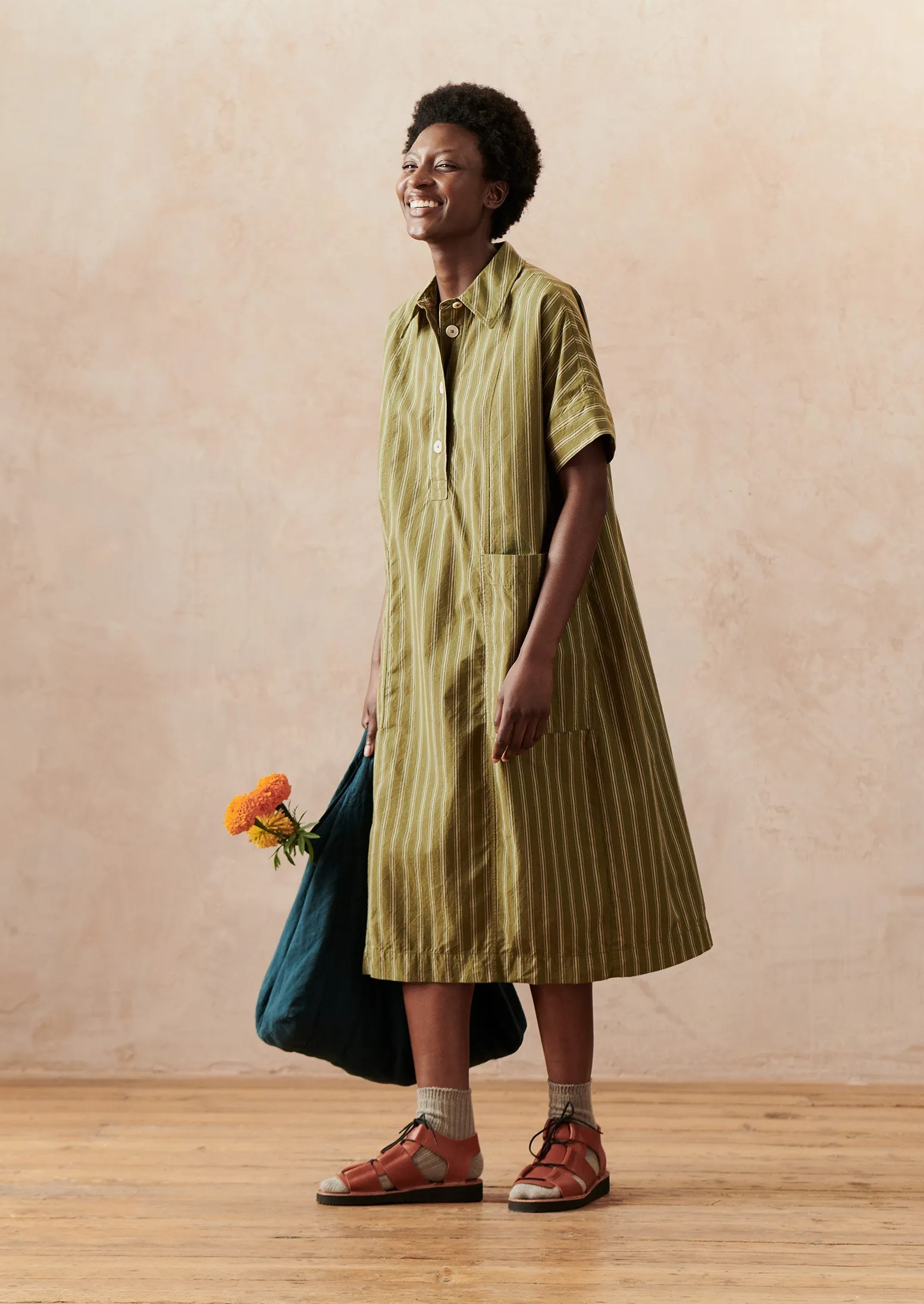 Stripe Organic Cotton Tunic Dress | Dark Olive sold by TOAST product image thumbnail 2