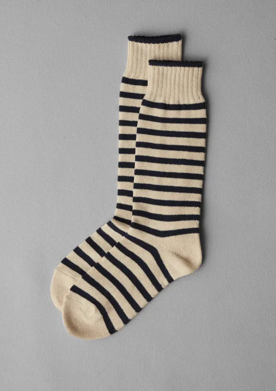 Chup Cotton Linen Stripe Socks | Navy/Ecru sold by TOAST