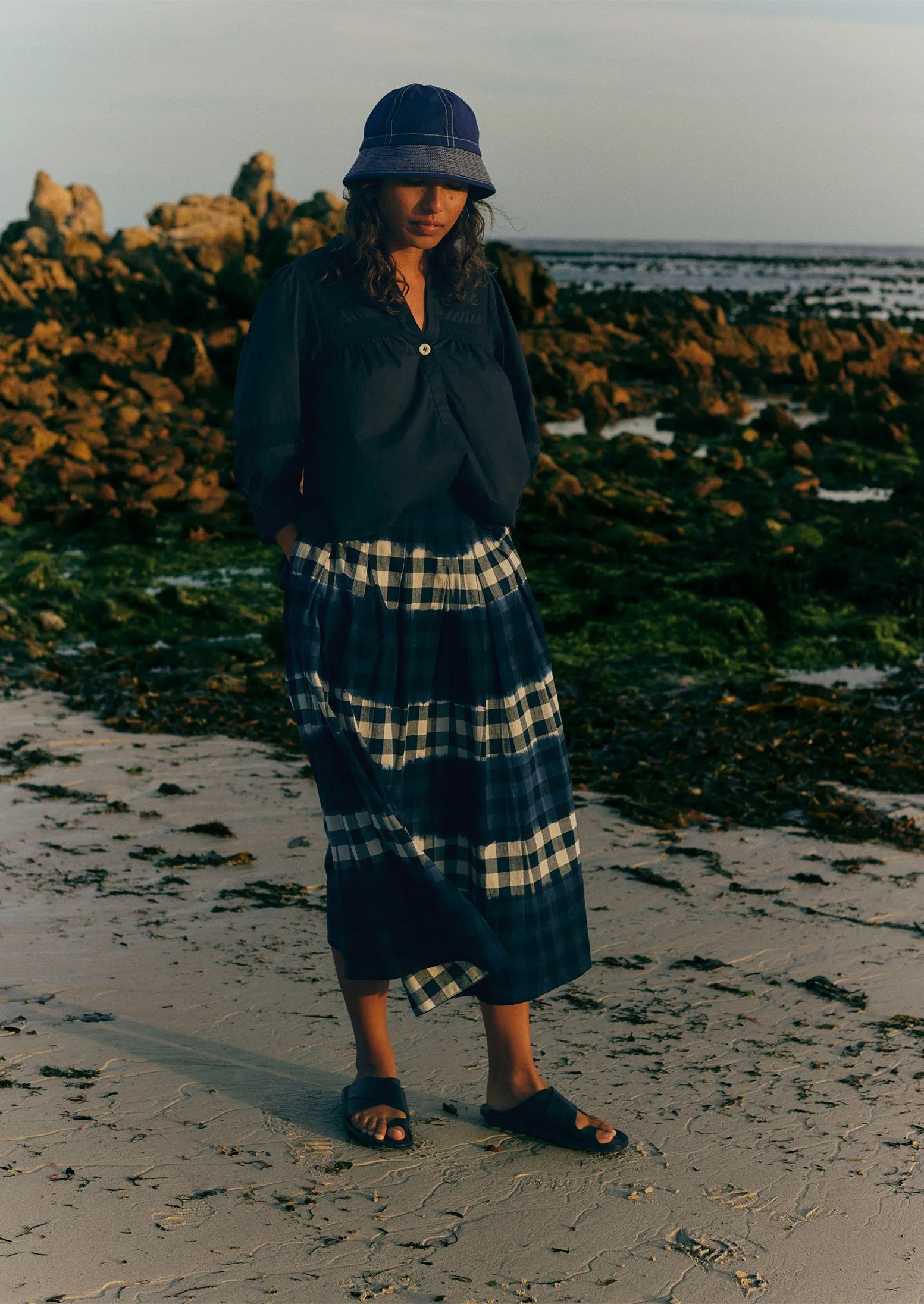 Dip Dye Stripe Gingham Cotton Skirt | Navy/Ecru sold by TOAST product image thumbnail 2