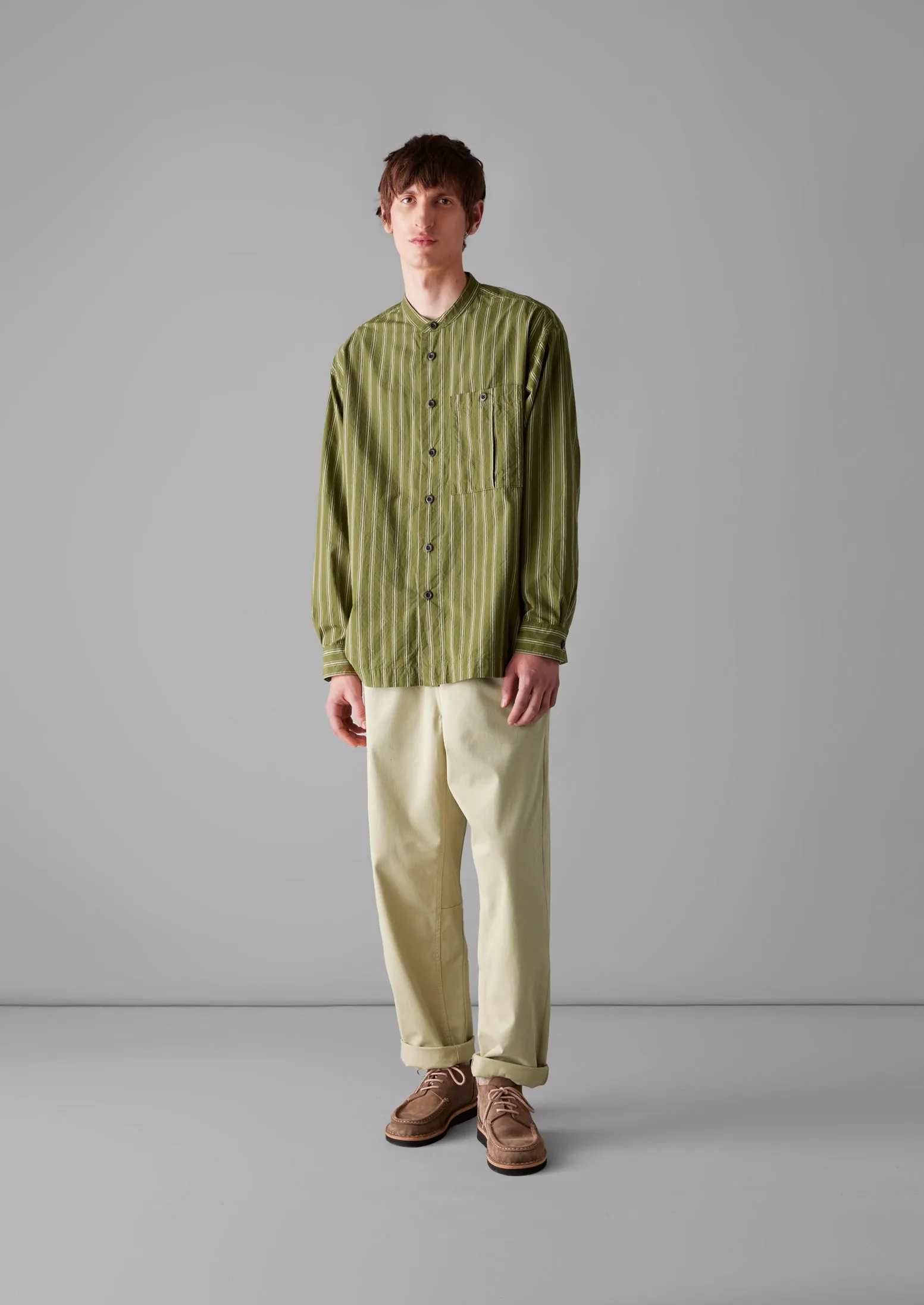Grandad Collar Crinkle Organic Cotton Shirt | Dark Olive sold by TOAST product image thumbnail 2