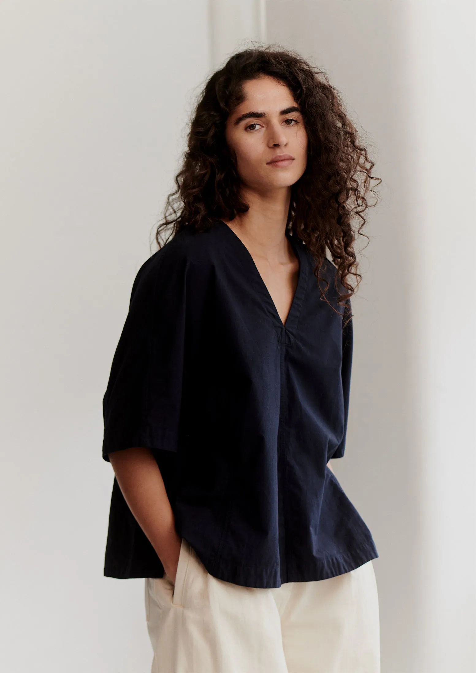 Textured Cotton Poplin V-Neck Top | Ink sold by TOAST product image thumbnail 2
