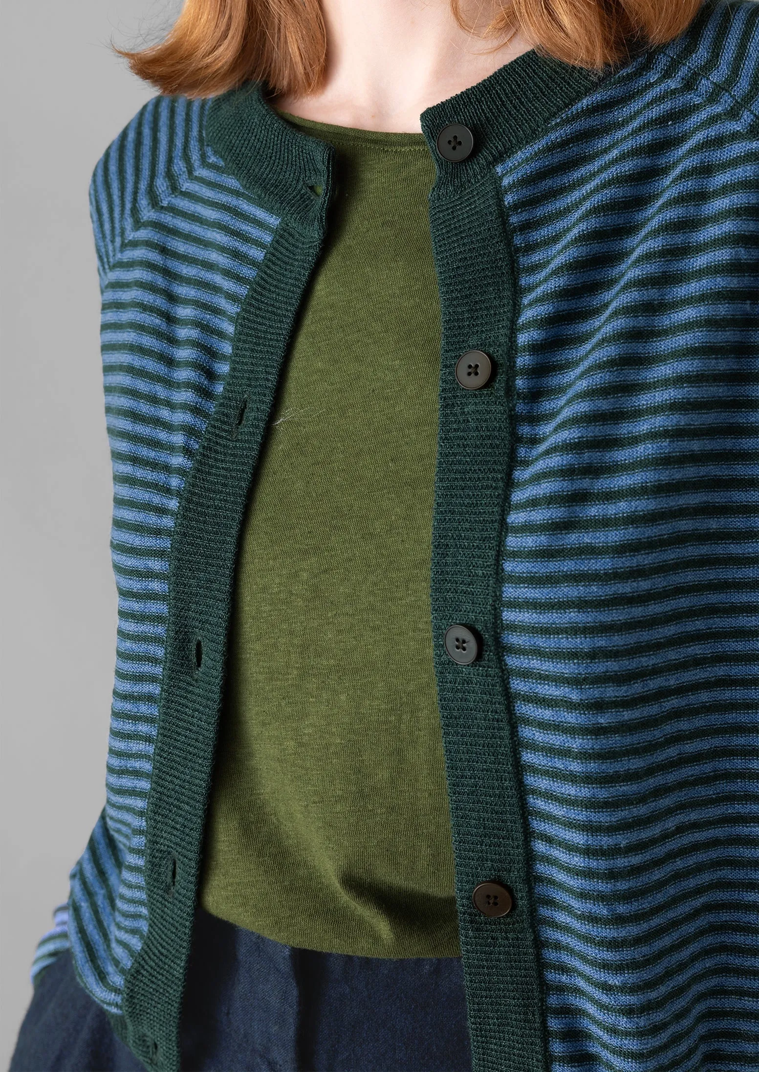 Fine Stripe Linen Wool Cardigan | Cornflower/Dark Green sold by TOAST product image thumbnail 3