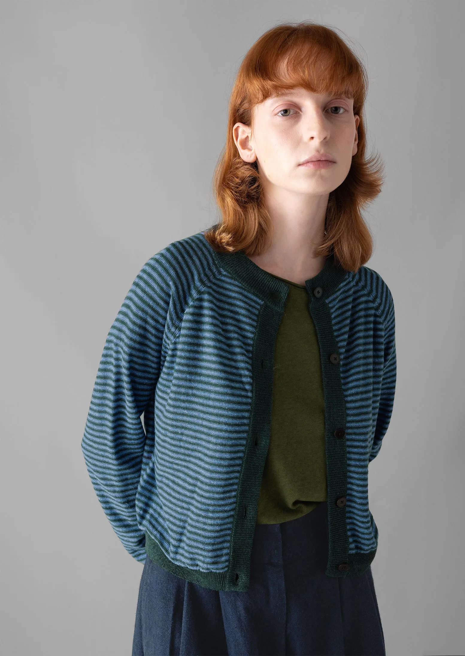 Fine Stripe Linen Wool Cardigan | Cornflower/Dark Green sold by TOAST product image thumbnail 2
