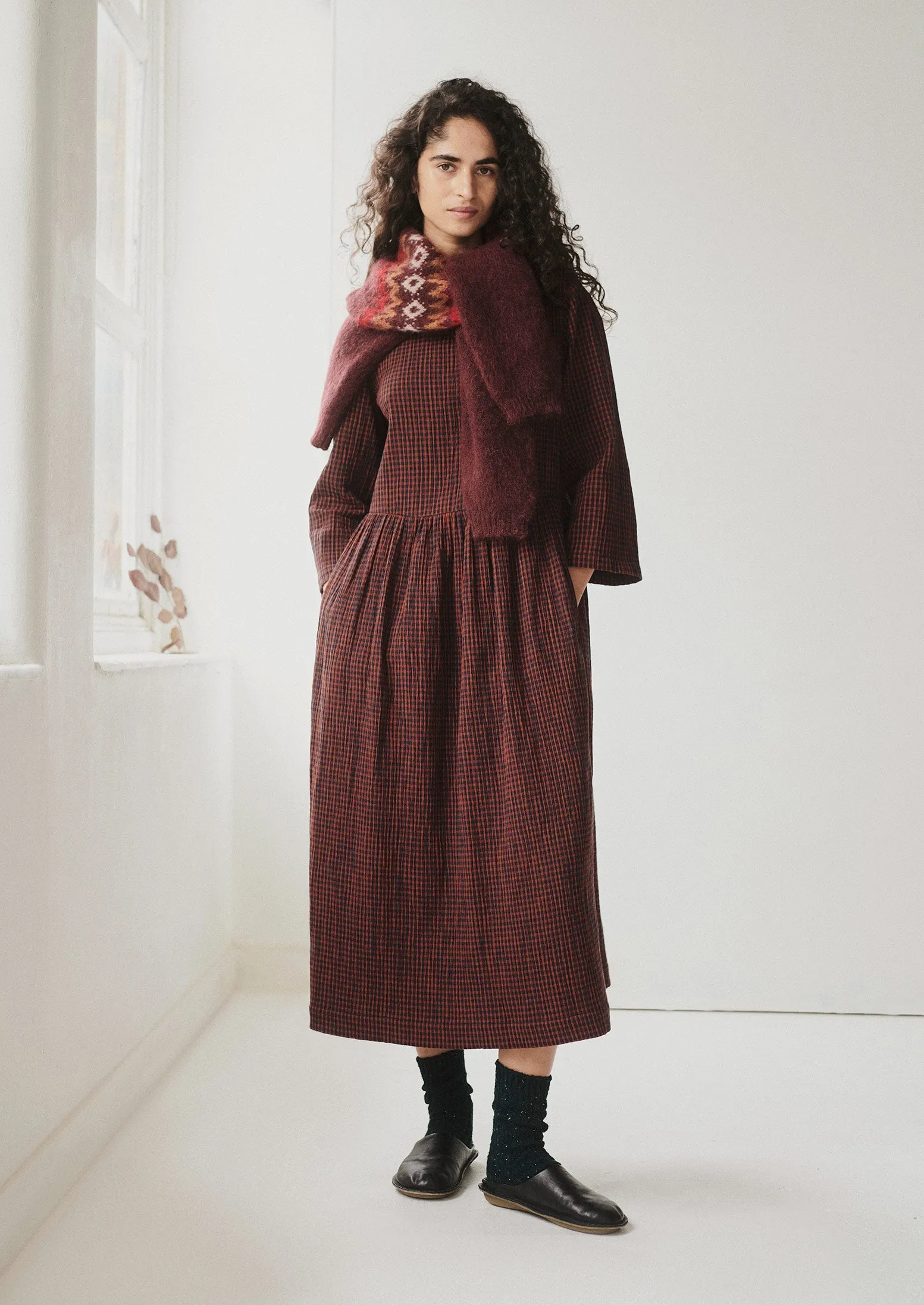 Freya Gingham Crinkle Cotton Dress | Brick/Black sold by TOAST product image thumbnail 2