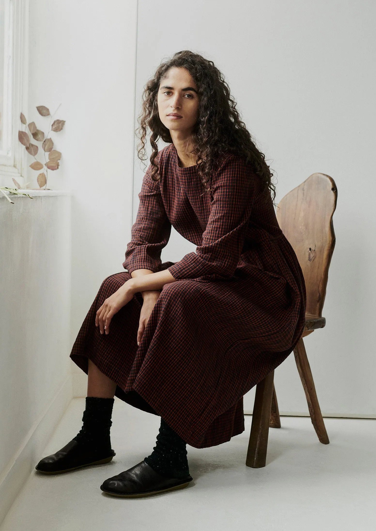 Freya Gingham Crinkle Cotton Dress | Brick/Black sold by TOAST product image thumbnail 3