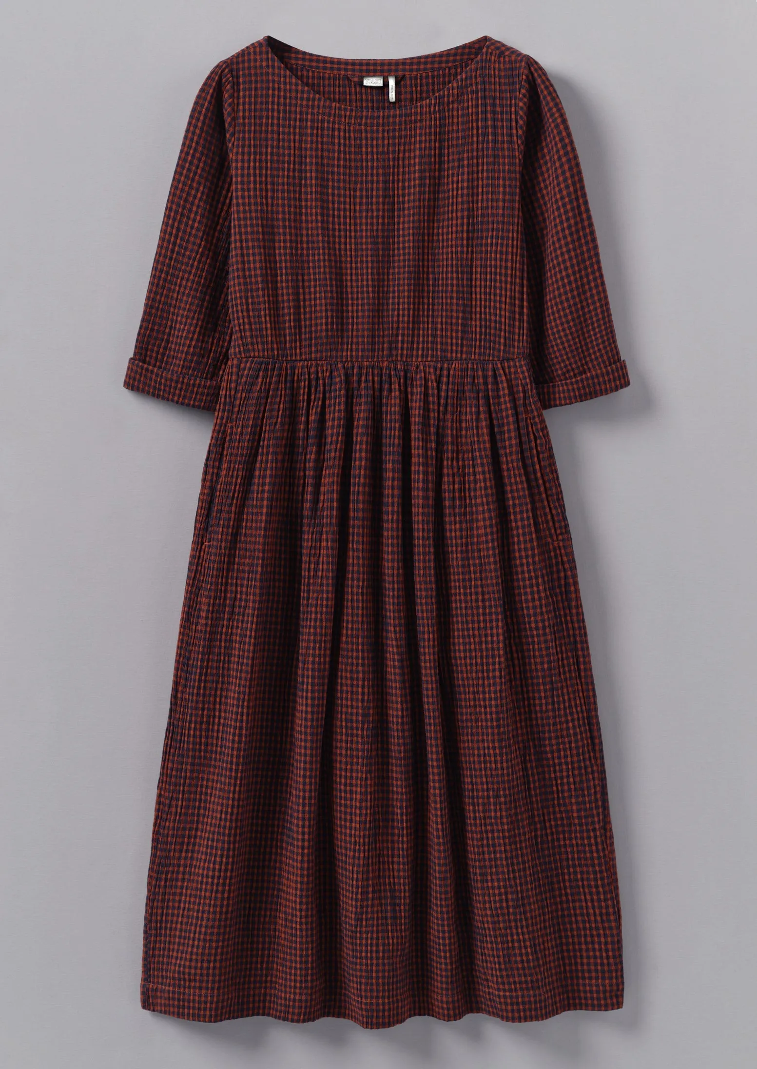 Freya Gingham Crinkle Cotton Dress | Brick/Black sold by TOAST
