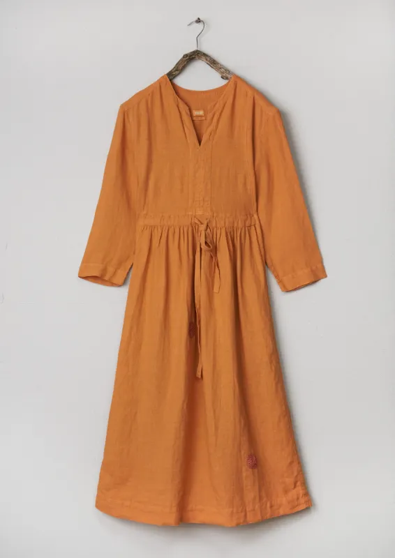 Renewed Gathered Garment Dyed Linen Dress S (003) | Apricot sold by TOAST