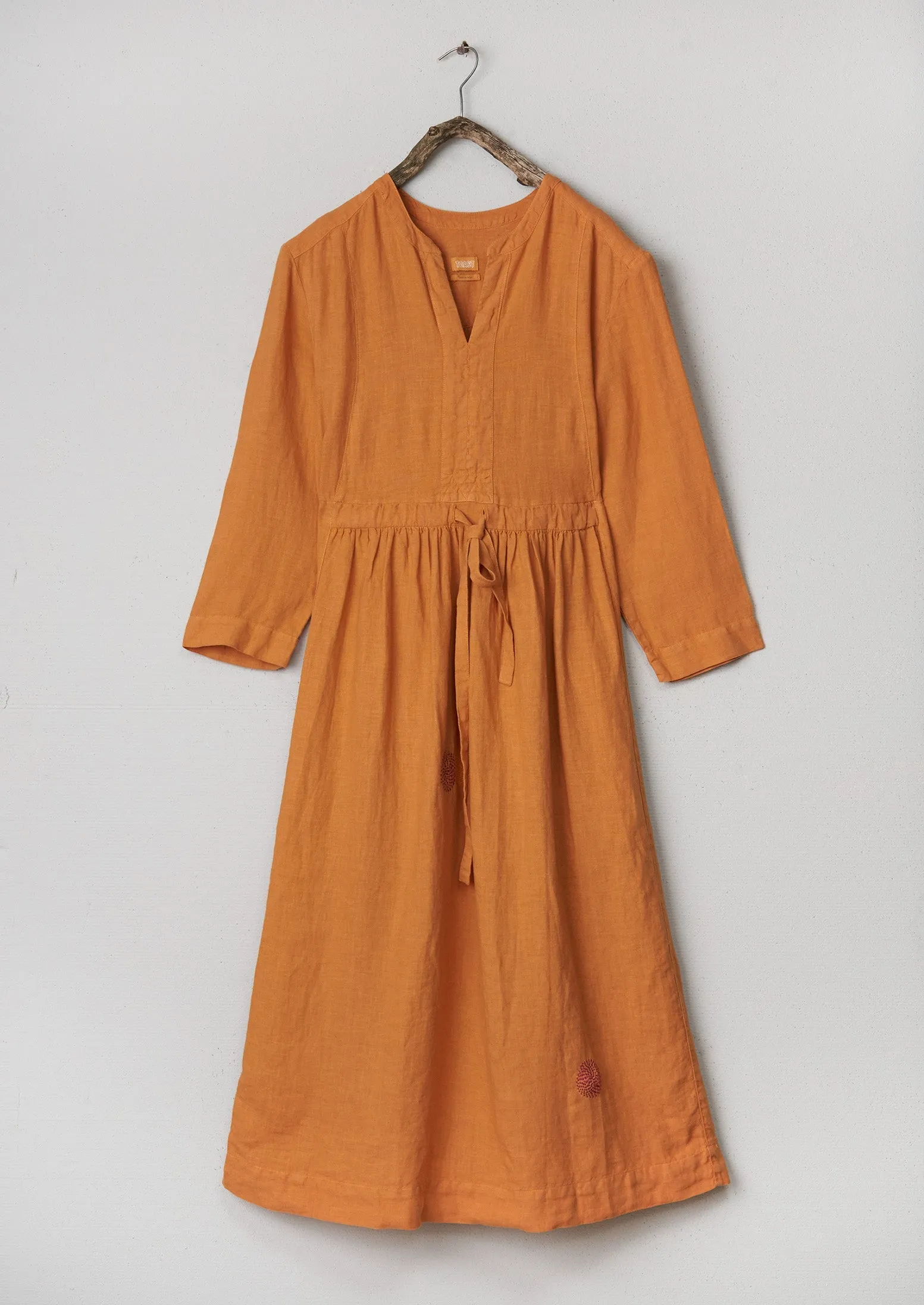 Renewed Gathered Garment Dyed Linen Dress S (003) | Apricot sold by TOAST