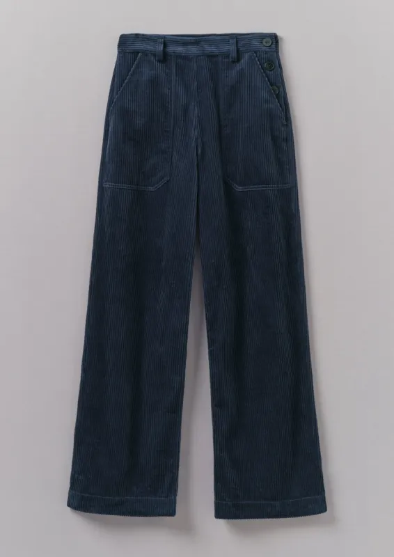 Annie Organic Cord Full Length Trousers | Dusty Navy sold by TOAST