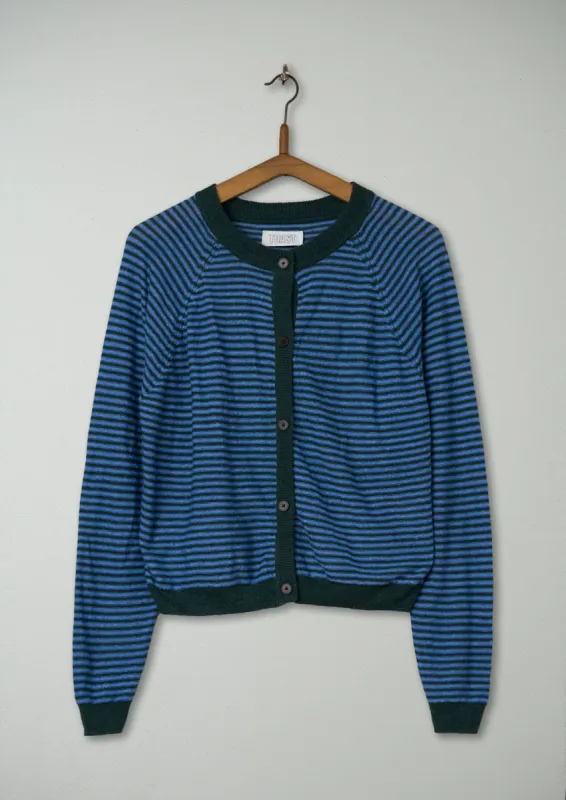 Reworn Stripe Linen Cardigan Size M (236) | Cornflower/Dark Green sold by TOAST
