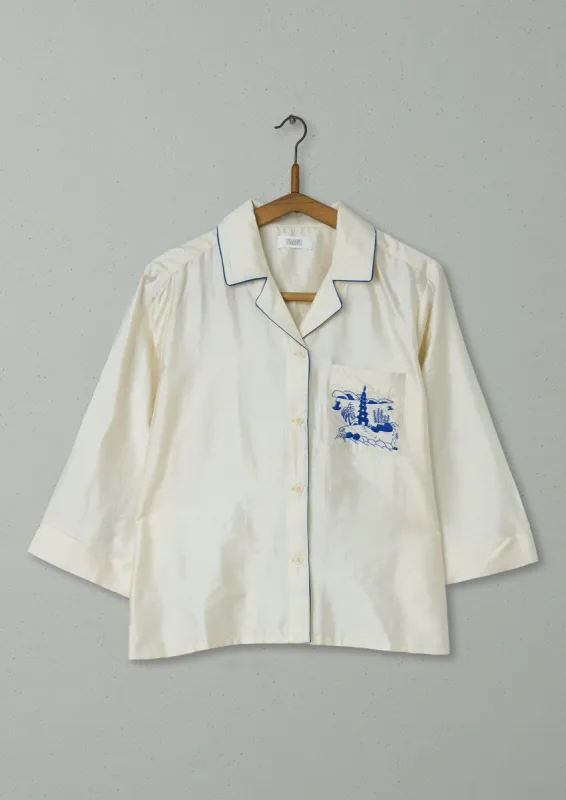 Reworn Silk PJ Shirt Size 10 (288) | Ivory/Cobalt sold by TOAST