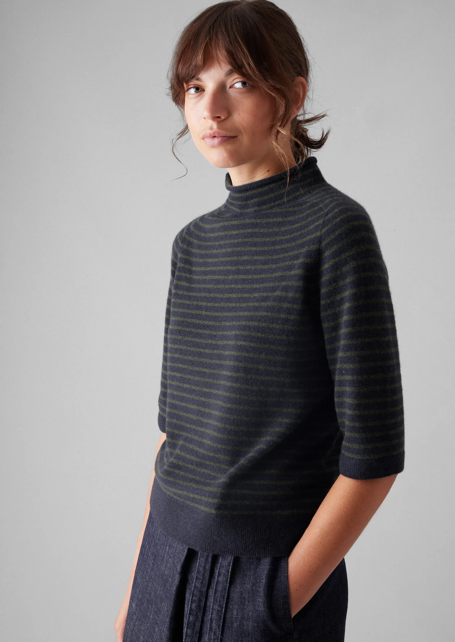 Stripe Wool Cashmere Half Sleeve Sweater | Dark Navy/Olive sold by TOAST product image thumbnail 2