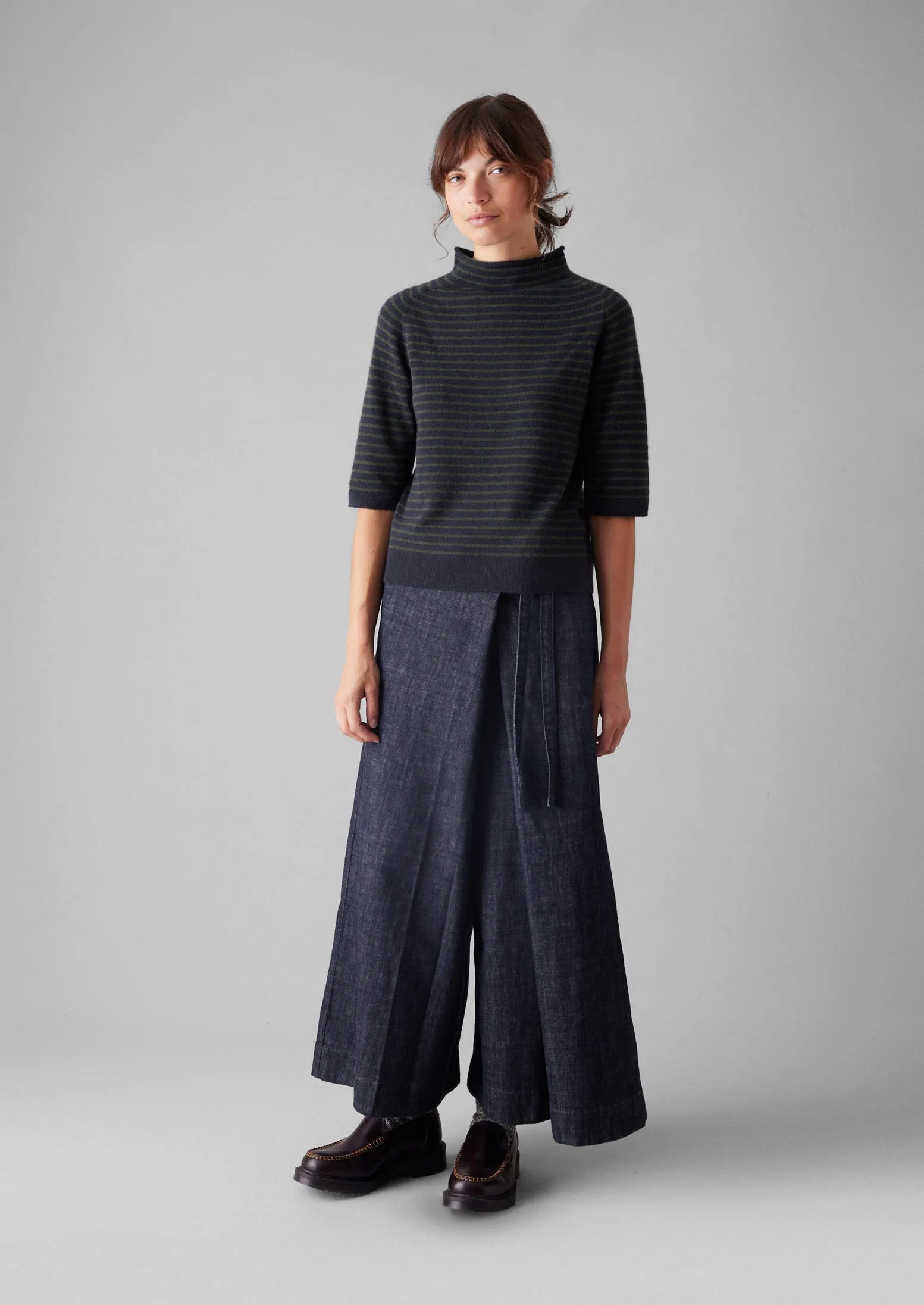 Stripe Wool Cashmere Half Sleeve Sweater | Dark Navy/Olive sold by TOAST product image thumbnail 3