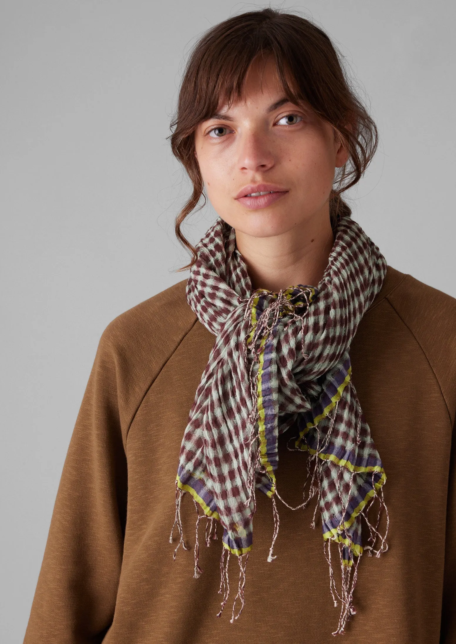 Pinwheel Gingham Cotton Scarf | Ecru/Brown Ochre sold by TOAST product image thumbnail 3