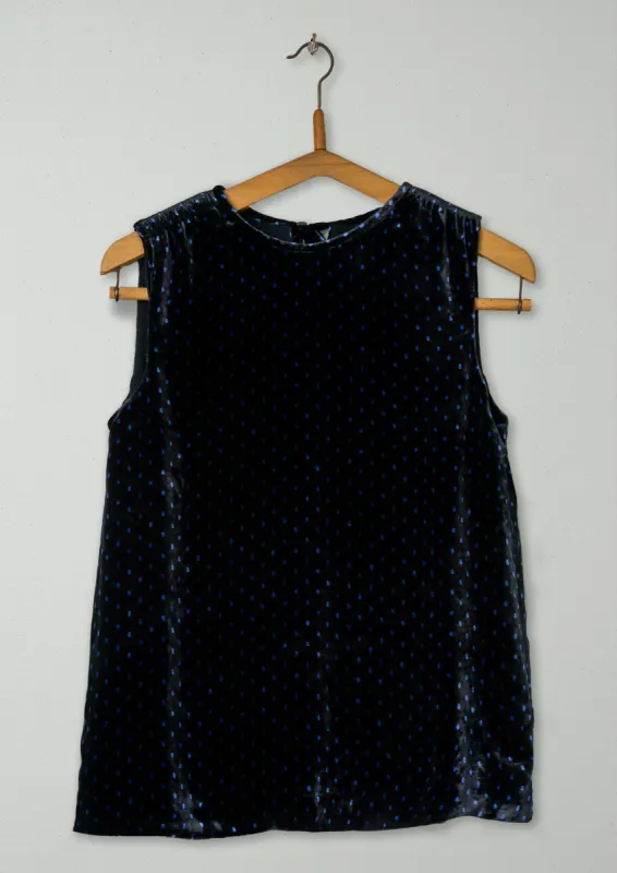 Reworn Dot Print Velvet Sleeveless Top Size 6 (348) | Black/Blue sold by TOAST
