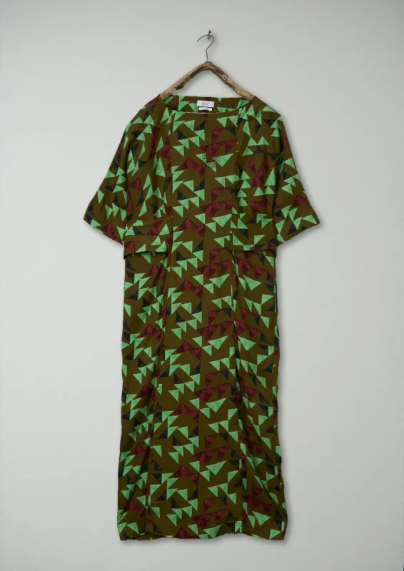 Renewed Tie Waist Geometric Print Dress Size M (103) | Olive Green sold by TOAST