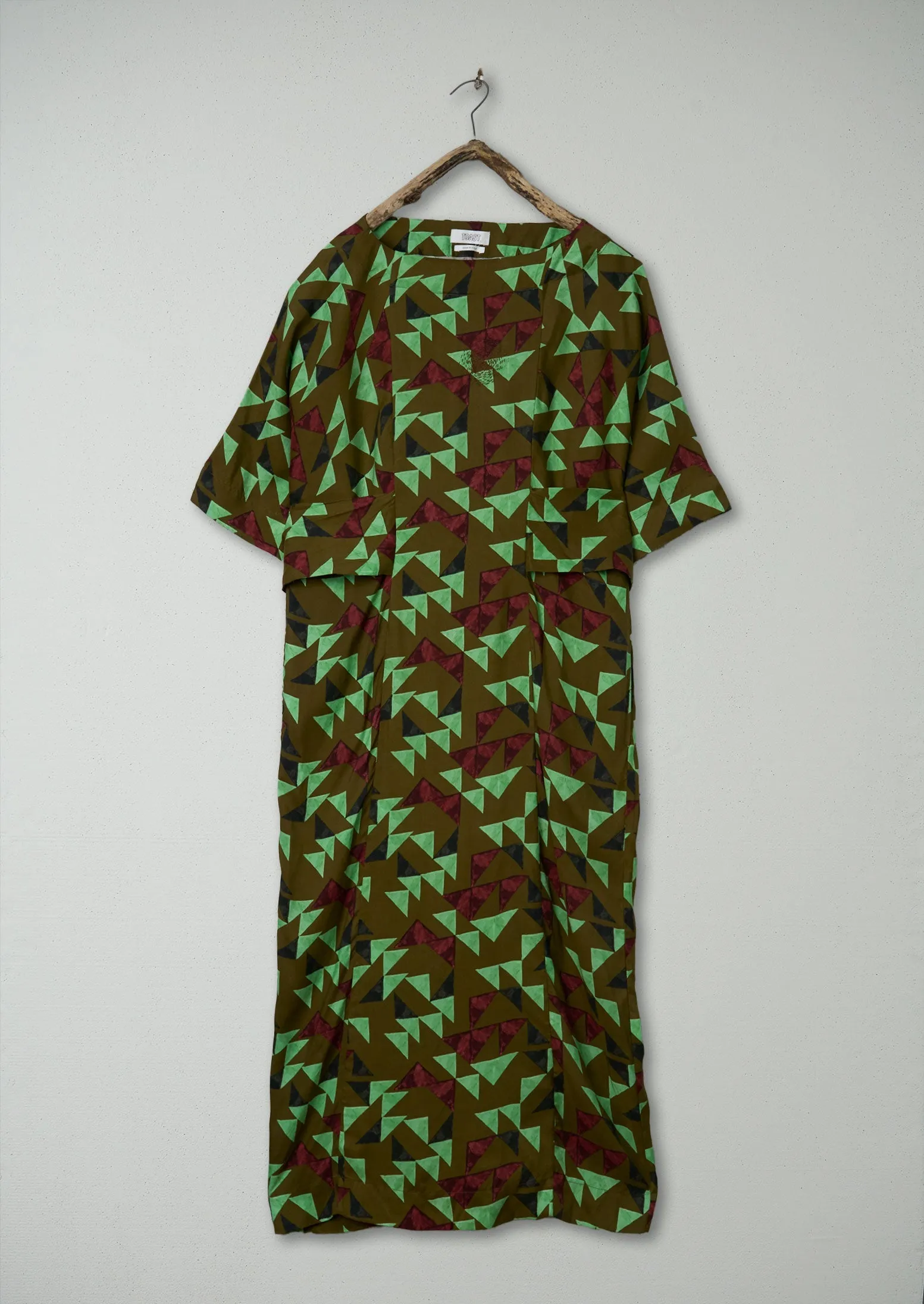 Renewed Tie Waist Geometric Print Dress Size M (103) | Olive Green sold by TOAST