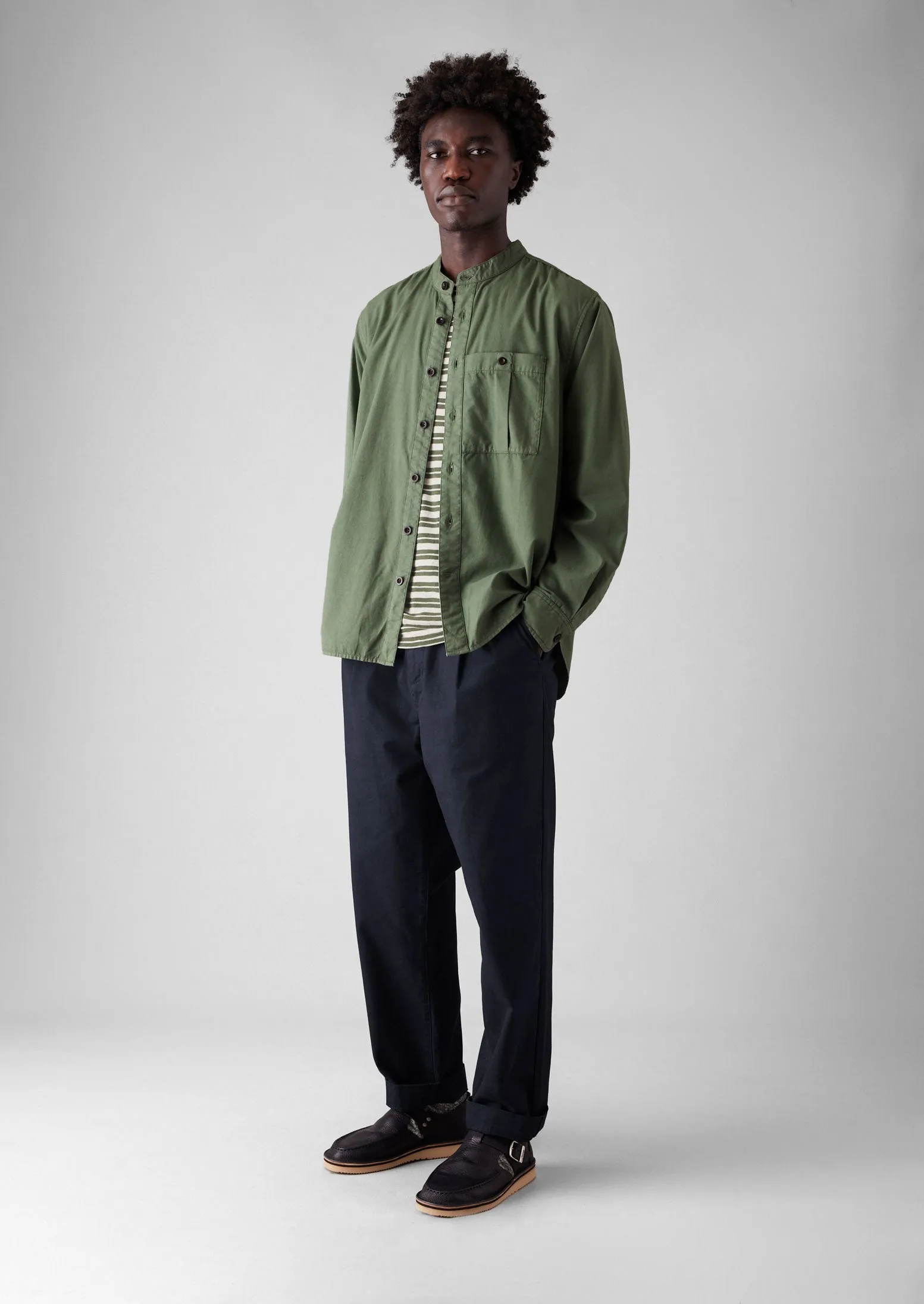Garment Dye Oxford Grandad Collar Shirt | Olive sold by TOAST product image thumbnail 5