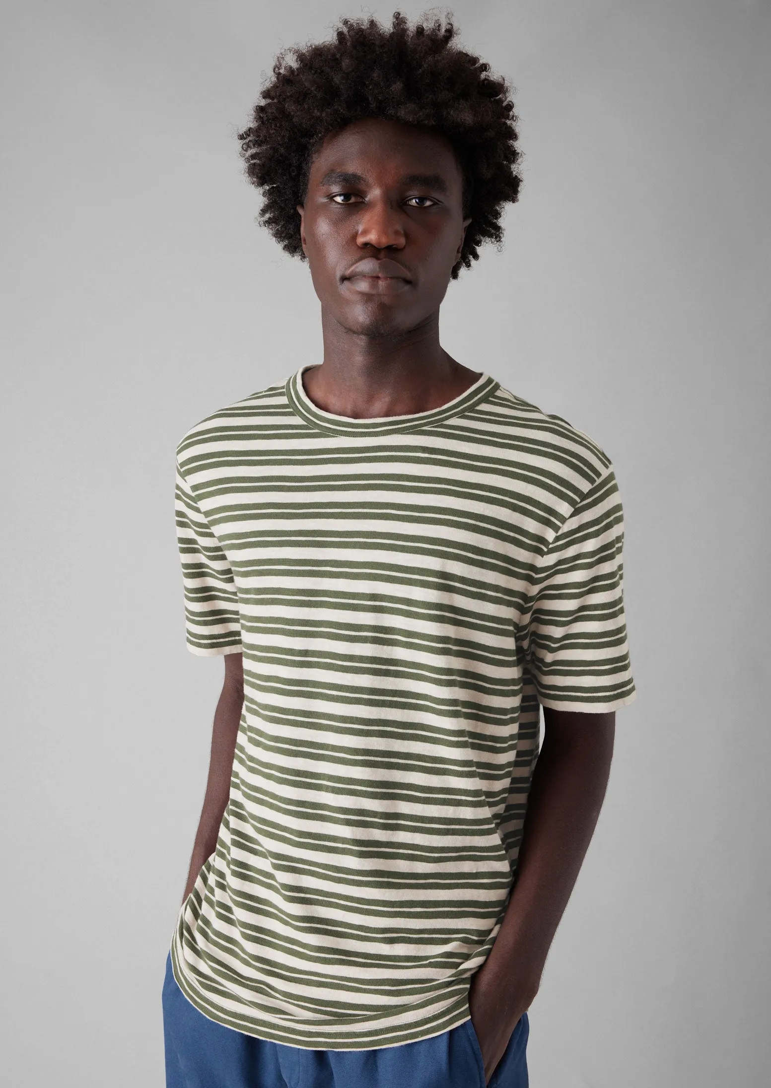 Theo Stripe Cotton Short Sleeve Tee | Dark Olive/Ecru sold by TOAST product image thumbnail 4