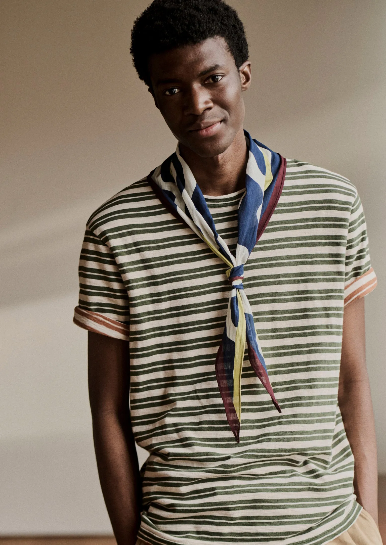 Theo Stripe Cotton Short Sleeve Tee | Dark Olive/Ecru sold by TOAST product image thumbnail 2