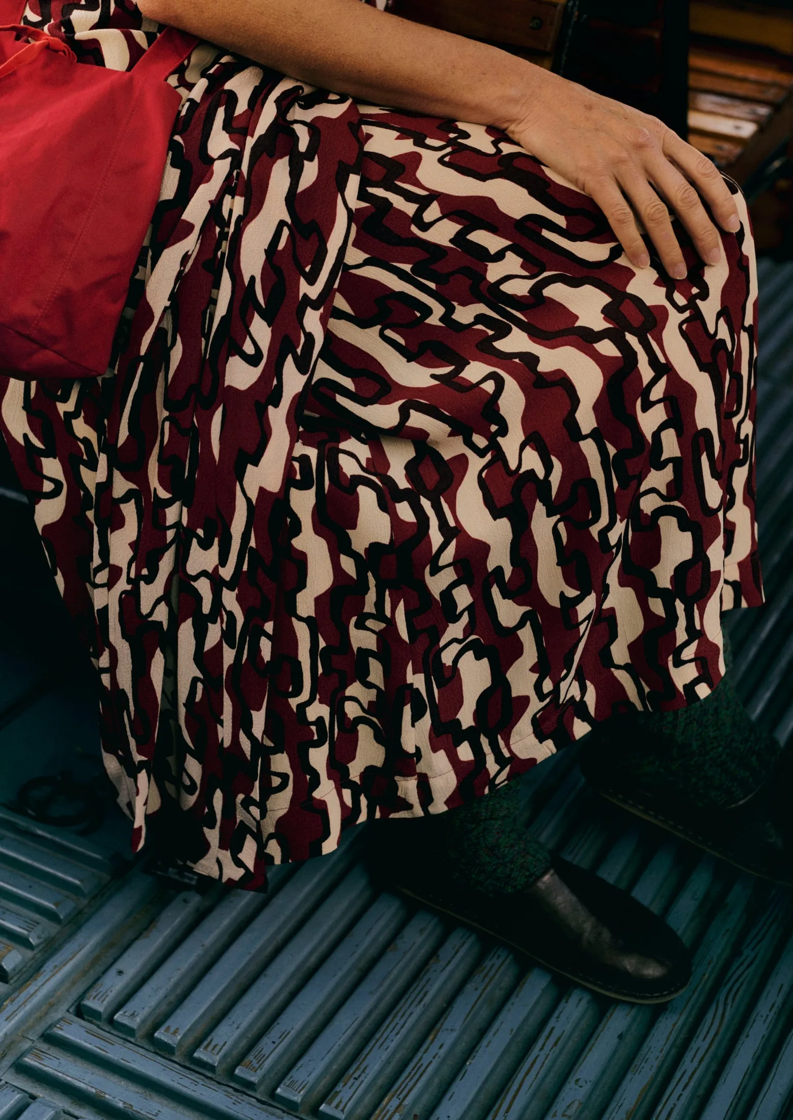 Ribbon Print Tie Dress | Ecru/Garnet sold by TOAST product image thumbnail 3