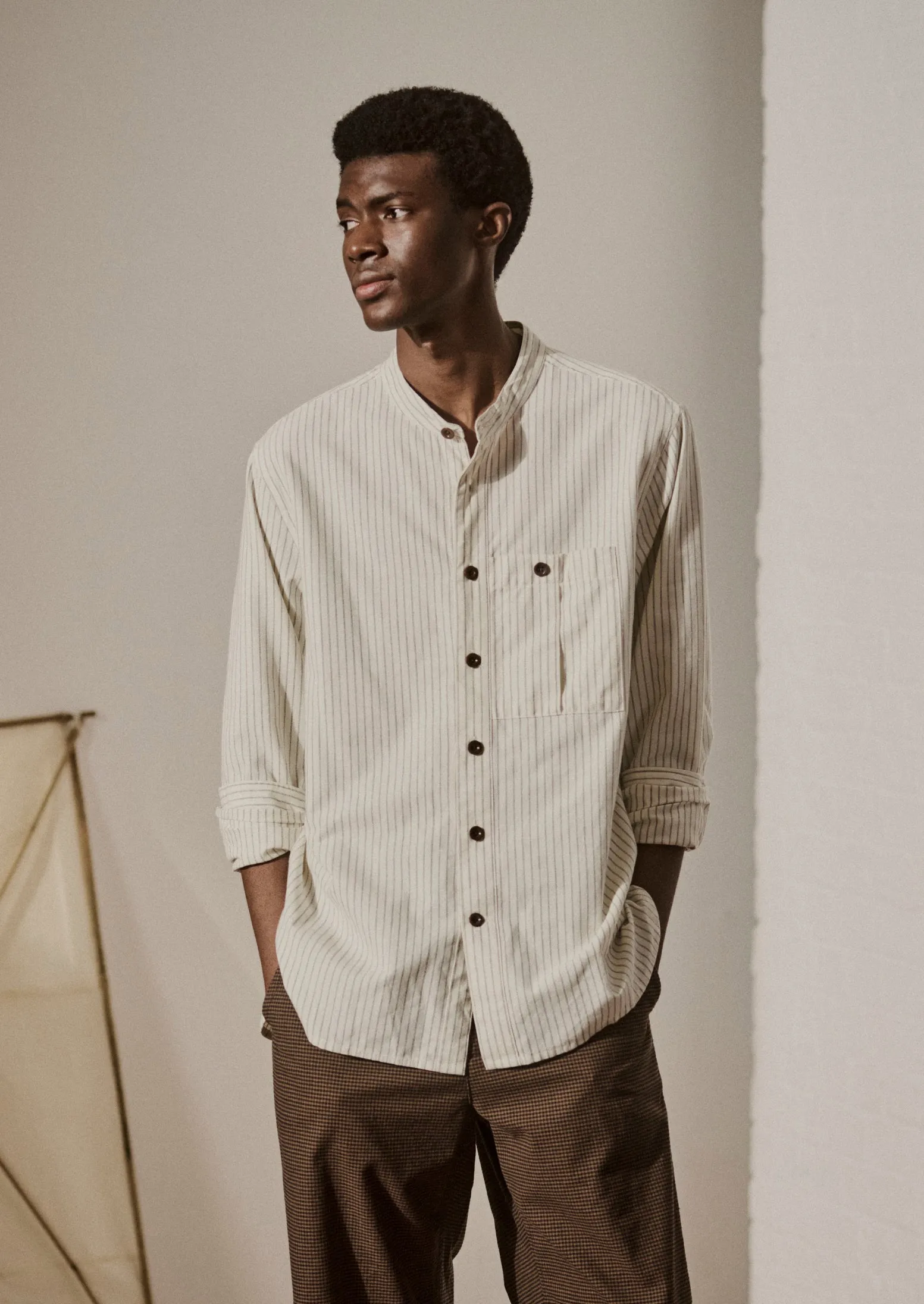 Drift Stripe Grandad Collar Shirt | Ecru/Charcoal sold by TOAST product image thumbnail 2