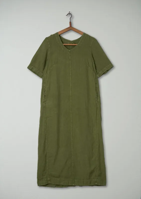 Reworn Scoop Neck Linen Dress Size S (723) | Olive Oil sold by TOAST