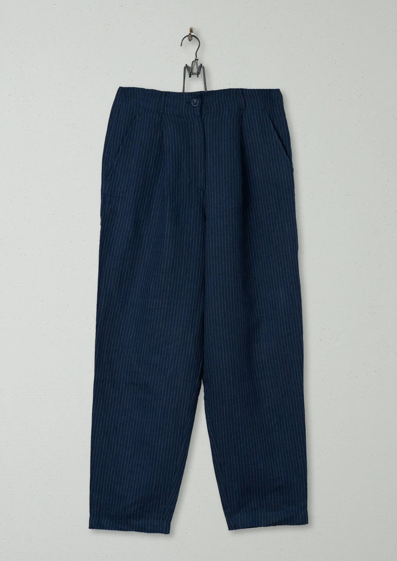 Reworn Stripe Linen Trousers Size 6 (474) | Grey Blue sold by TOAST