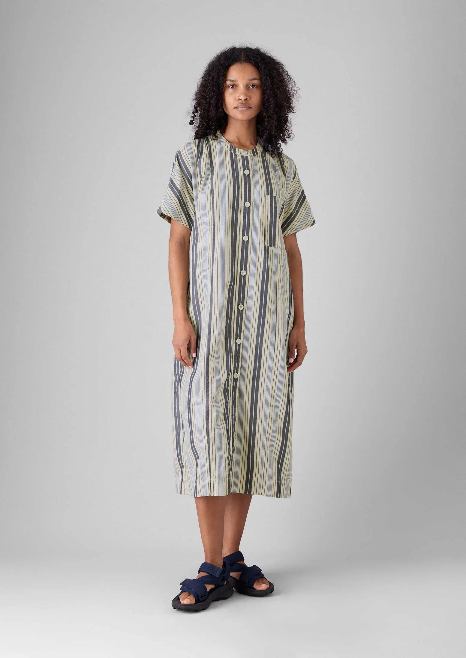 Drawstring Waist Stripe Cotton Shirt Dress | Ecru/Mixed Blues sold by TOAST product image thumbnail 2
