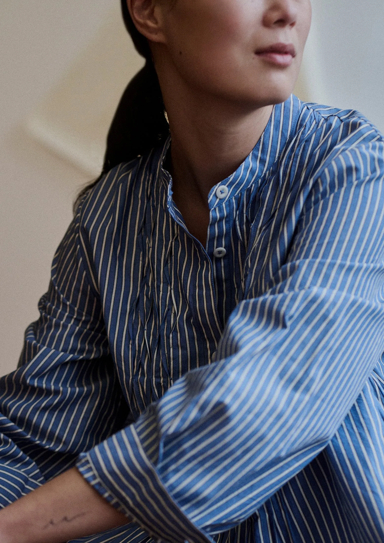 Dash Stripe Pintuck Cotton Dress | Chambray Blue sold by TOAST product image thumbnail 3