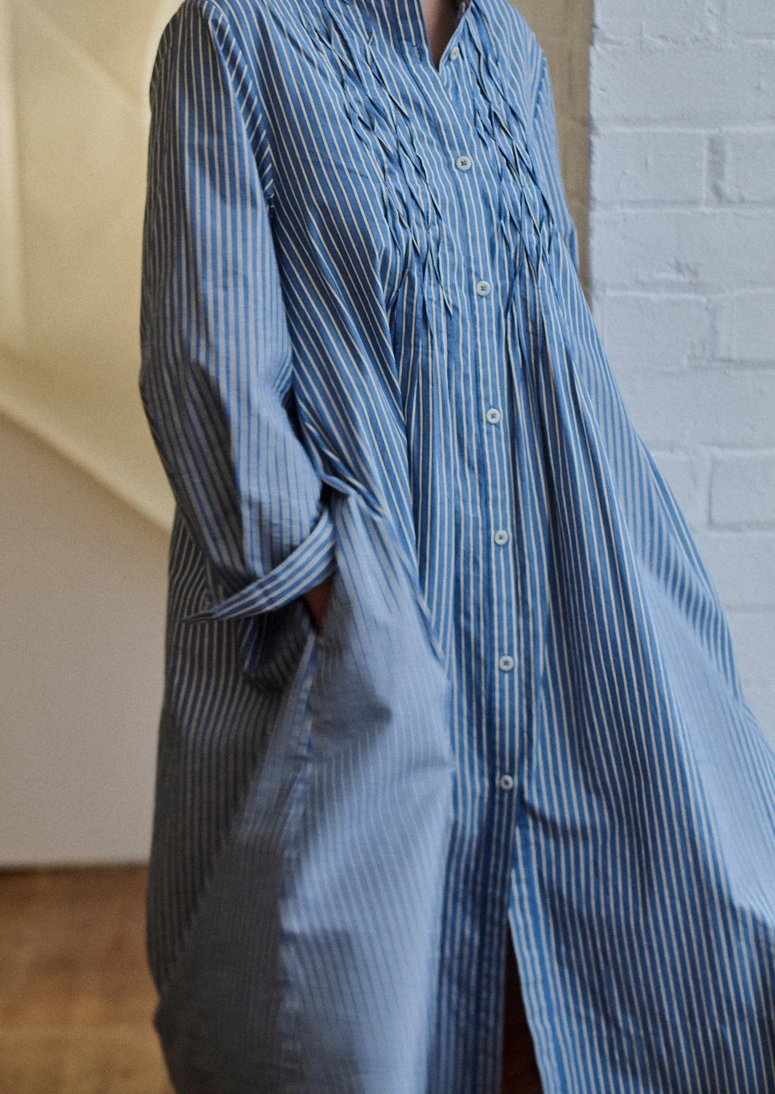 Dash Stripe Pintuck Cotton Dress | Chambray Blue sold by TOAST product image thumbnail 2