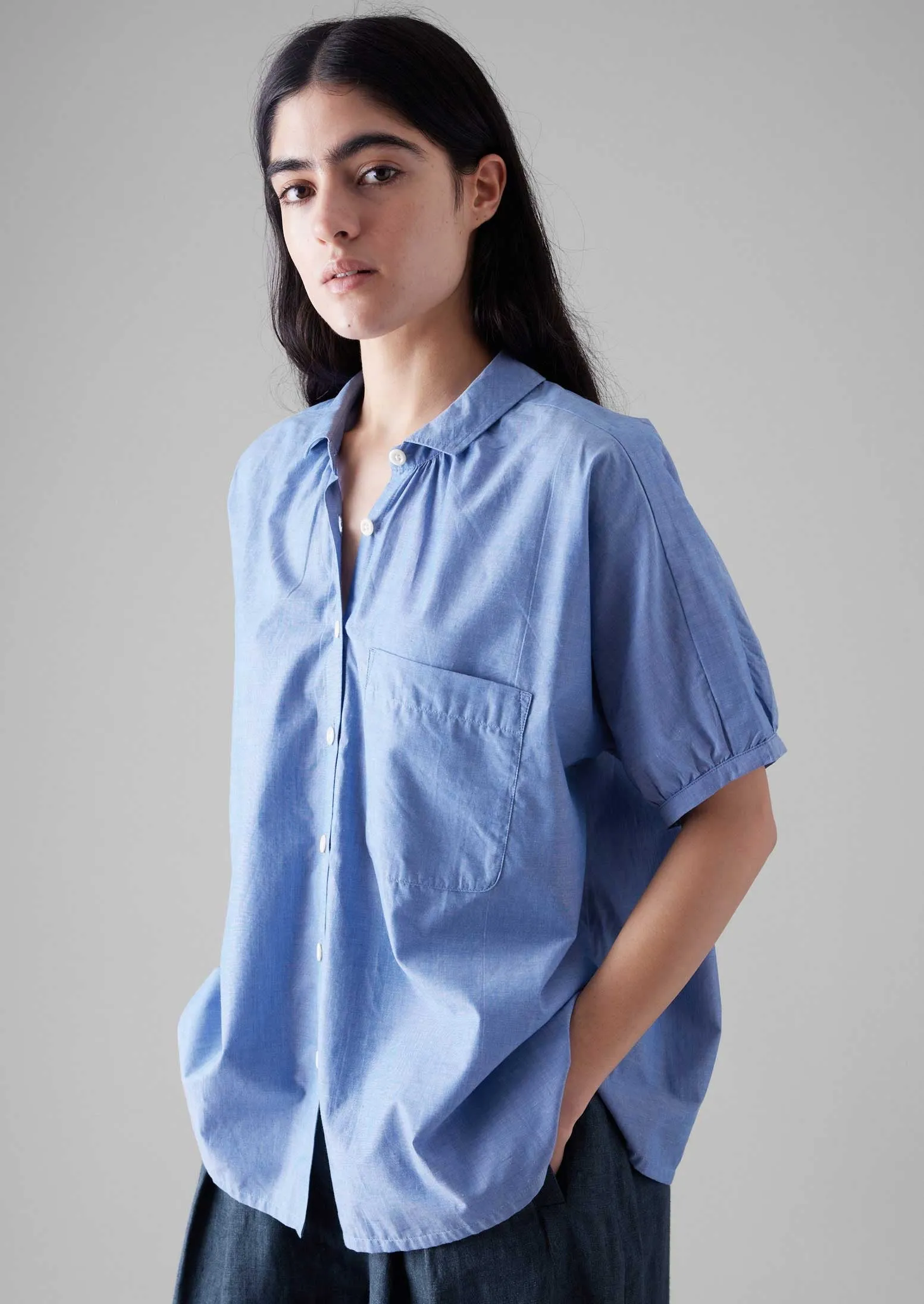 Gathered Cotton Chambray Shirt | Light Blue sold by TOAST product image thumbnail 2