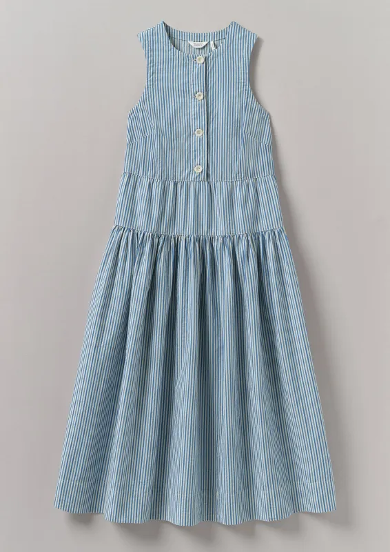 Candy Stripe Pleated Cotton Dress | Ocean Blue/Ecru sold by TOAST