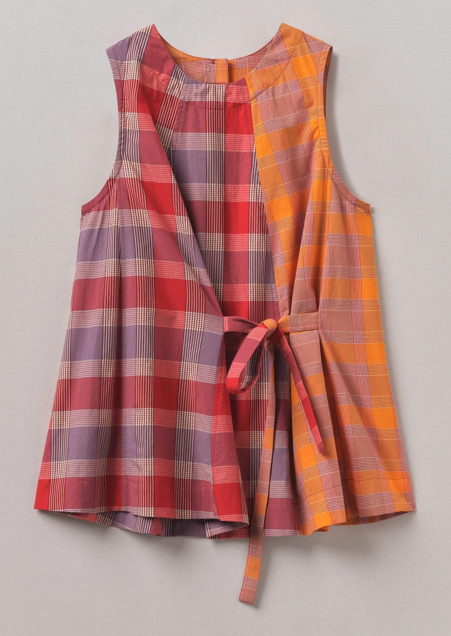 Tie Front Panelled Check Cotton Top | Bright Red/Wisteria sold by TOAST