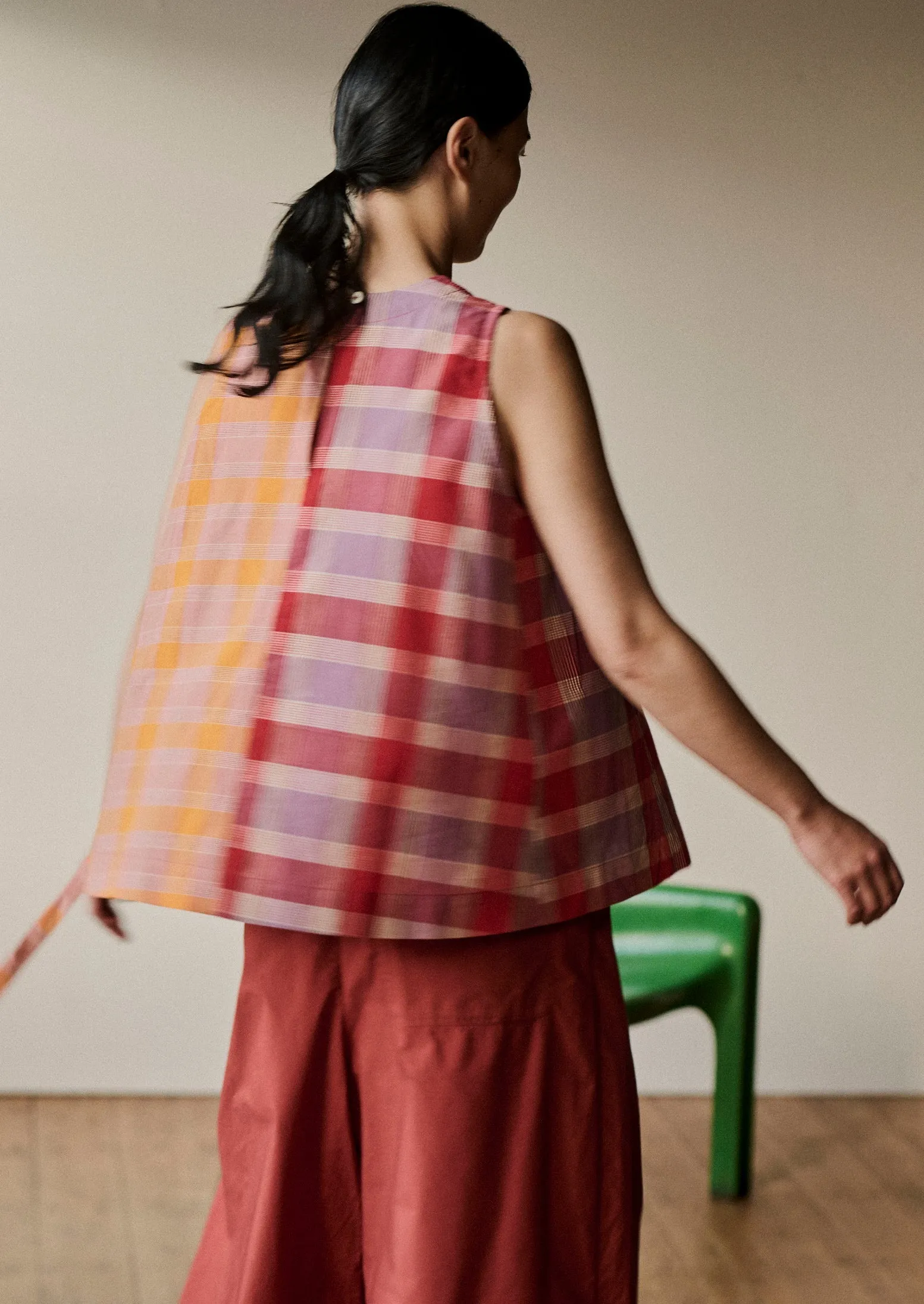 Tie Front Panelled Check Cotton Top | Bright Red/Wisteria sold by TOAST product image thumbnail 2