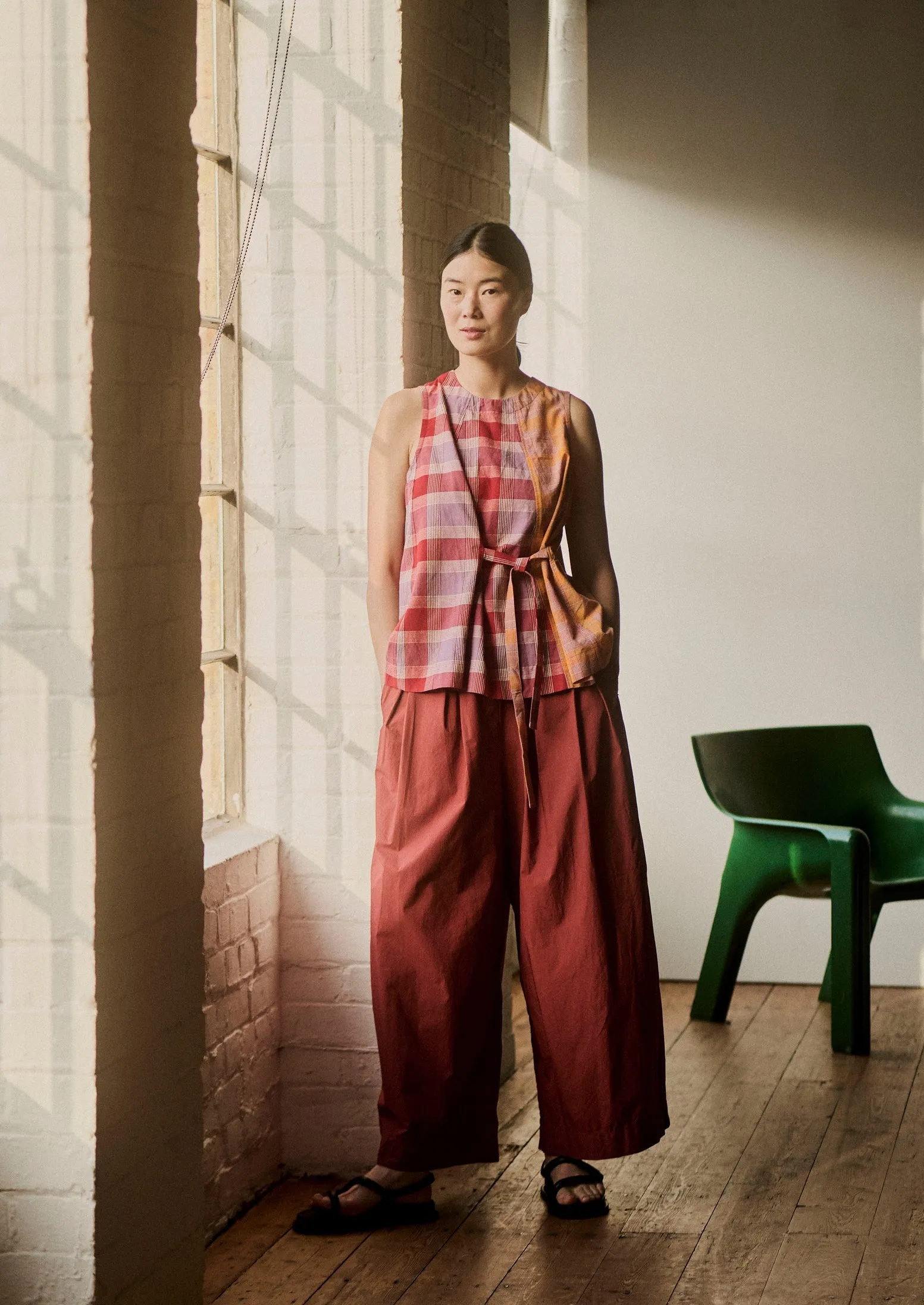 Tie Front Panelled Check Cotton Top | Bright Red/Wisteria sold by TOAST product image thumbnail 3