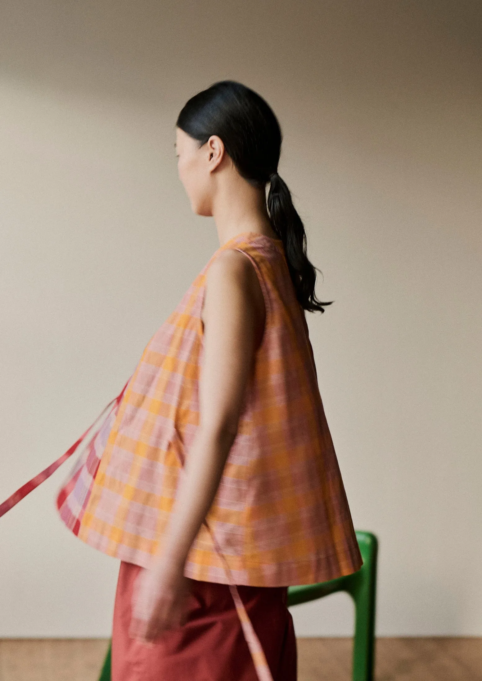 Tie Front Panelled Check Cotton Top | Bright Red/Wisteria sold by TOAST product image thumbnail 4