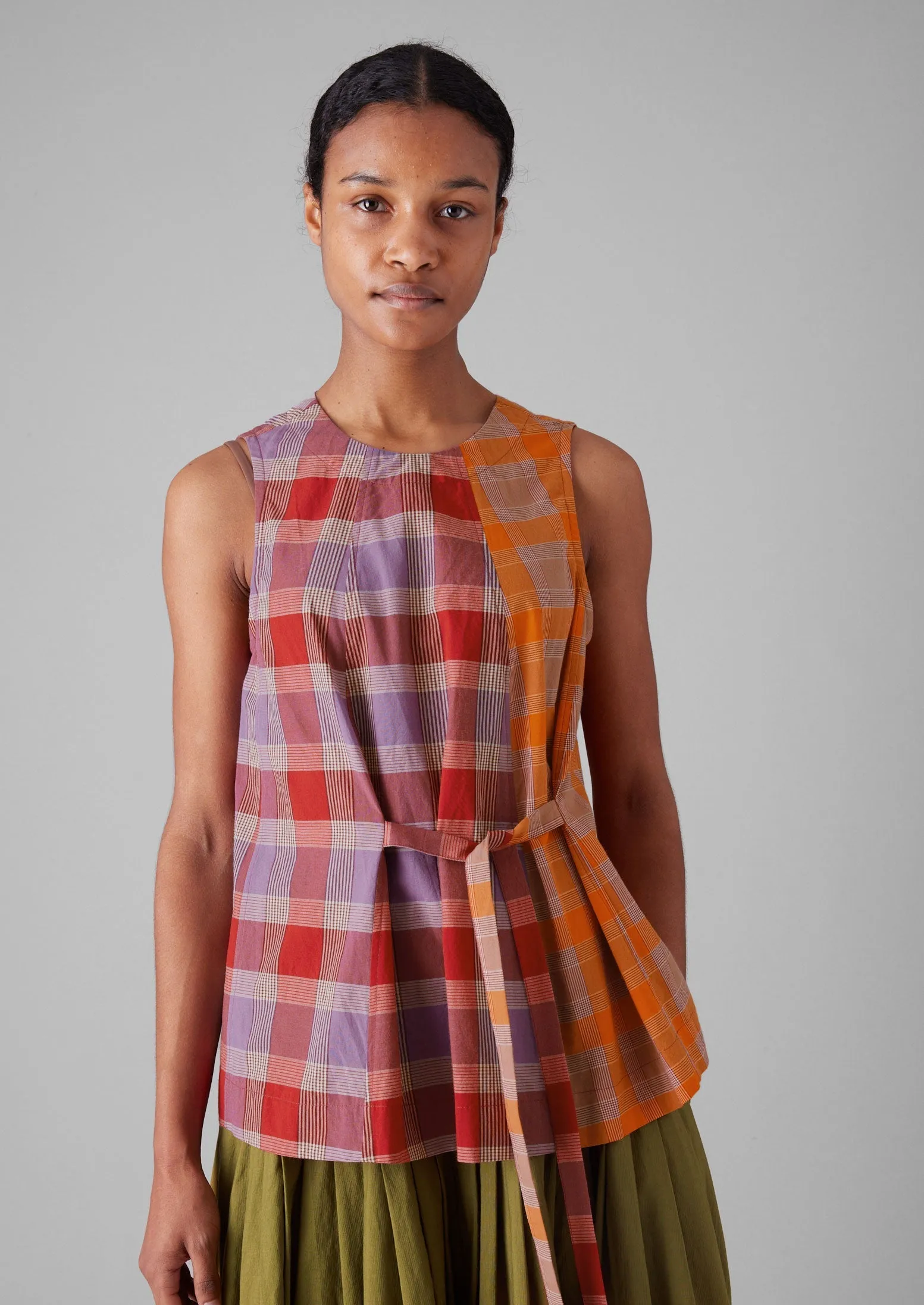 Tie Front Panelled Check Cotton Top | Bright Red/Wisteria sold by TOAST product image thumbnail 5