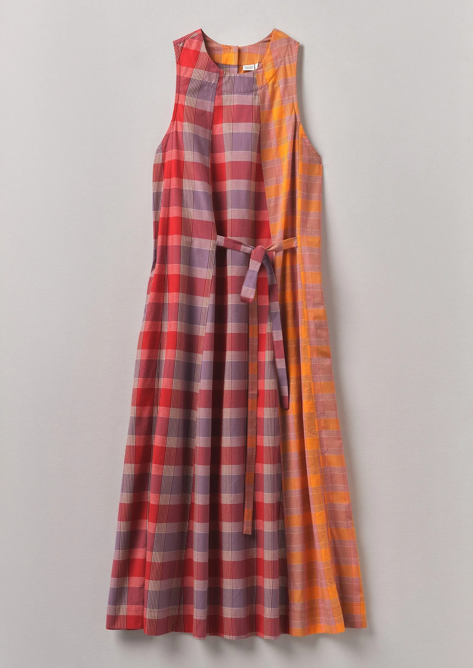 Tie Front Panelled Check Cotton Dress | Bright Red/Wisteria sold by TOAST