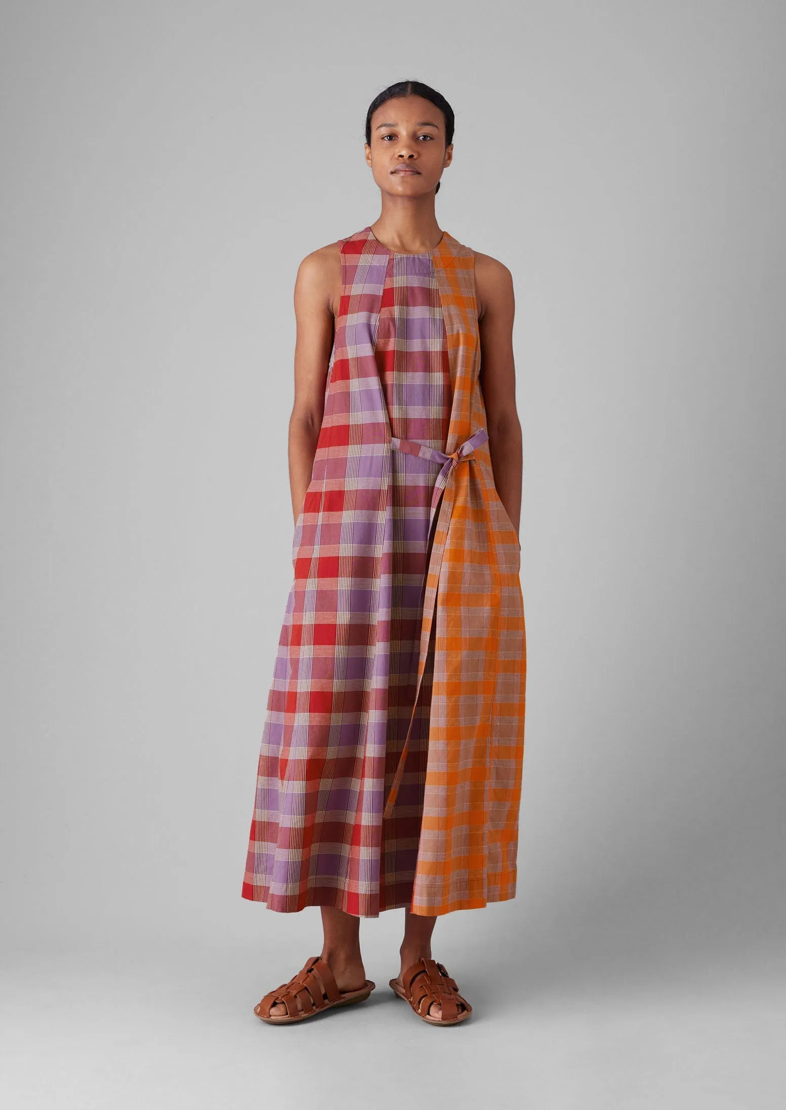 Tie Front Panelled Check Cotton Dress | Bright Red/Wisteria sold by TOAST product image thumbnail 3