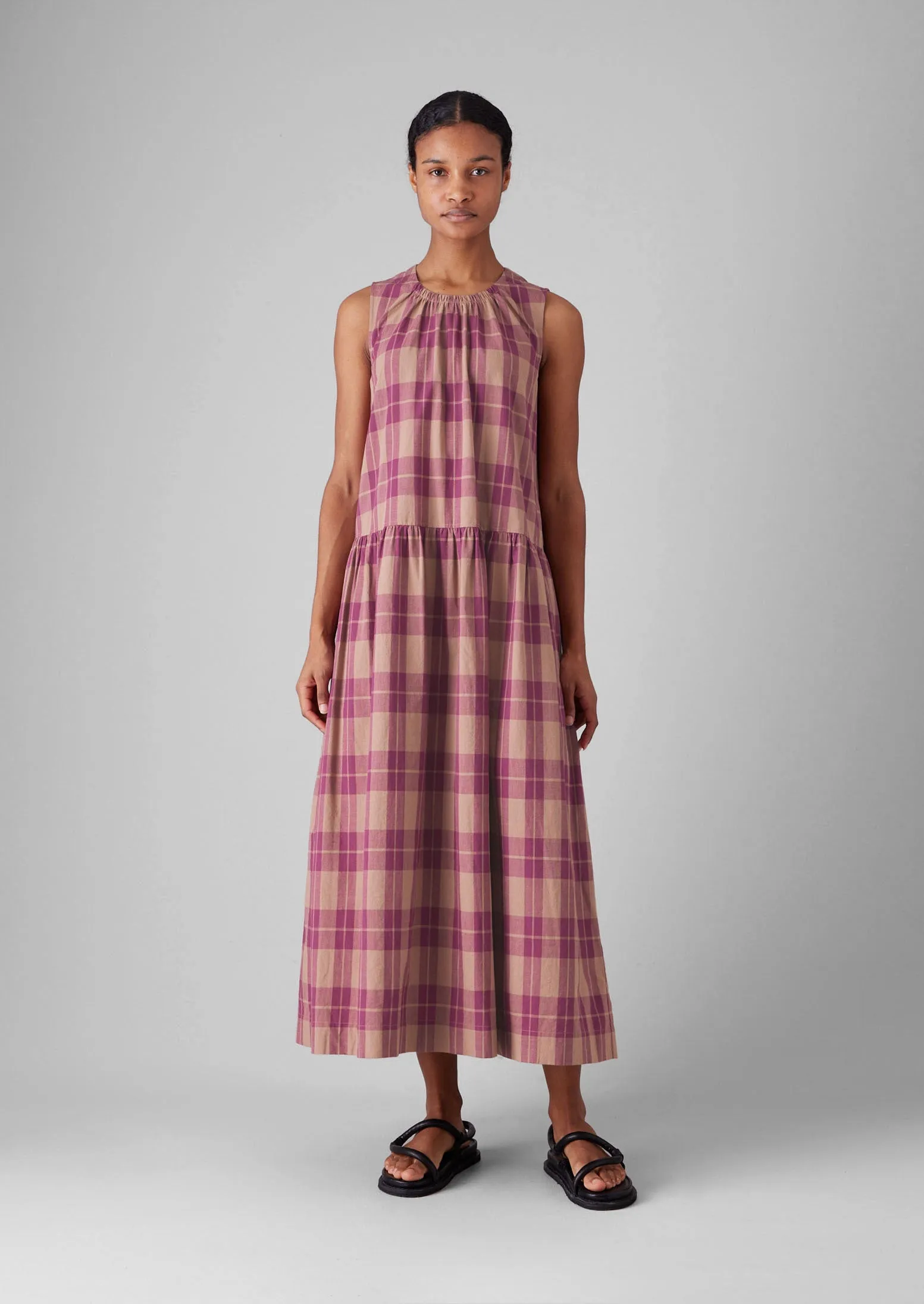 Check Cotton Gathered Waist Dress | Raspberry sold by TOAST product image thumbnail 3
