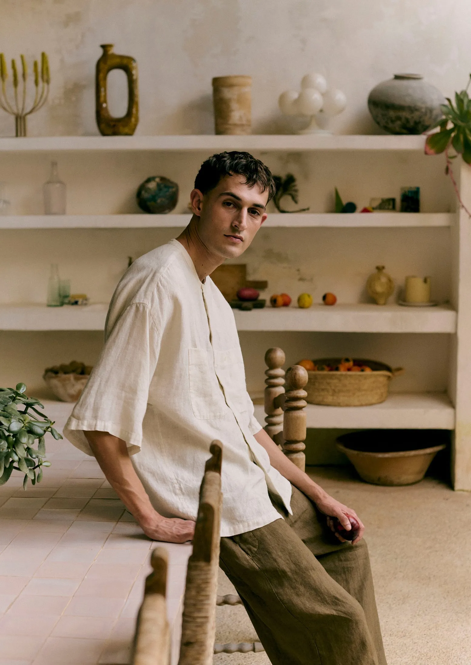 Garment Dyed Linen Grandad Collar Shirt | Oat sold by TOAST product image thumbnail 2