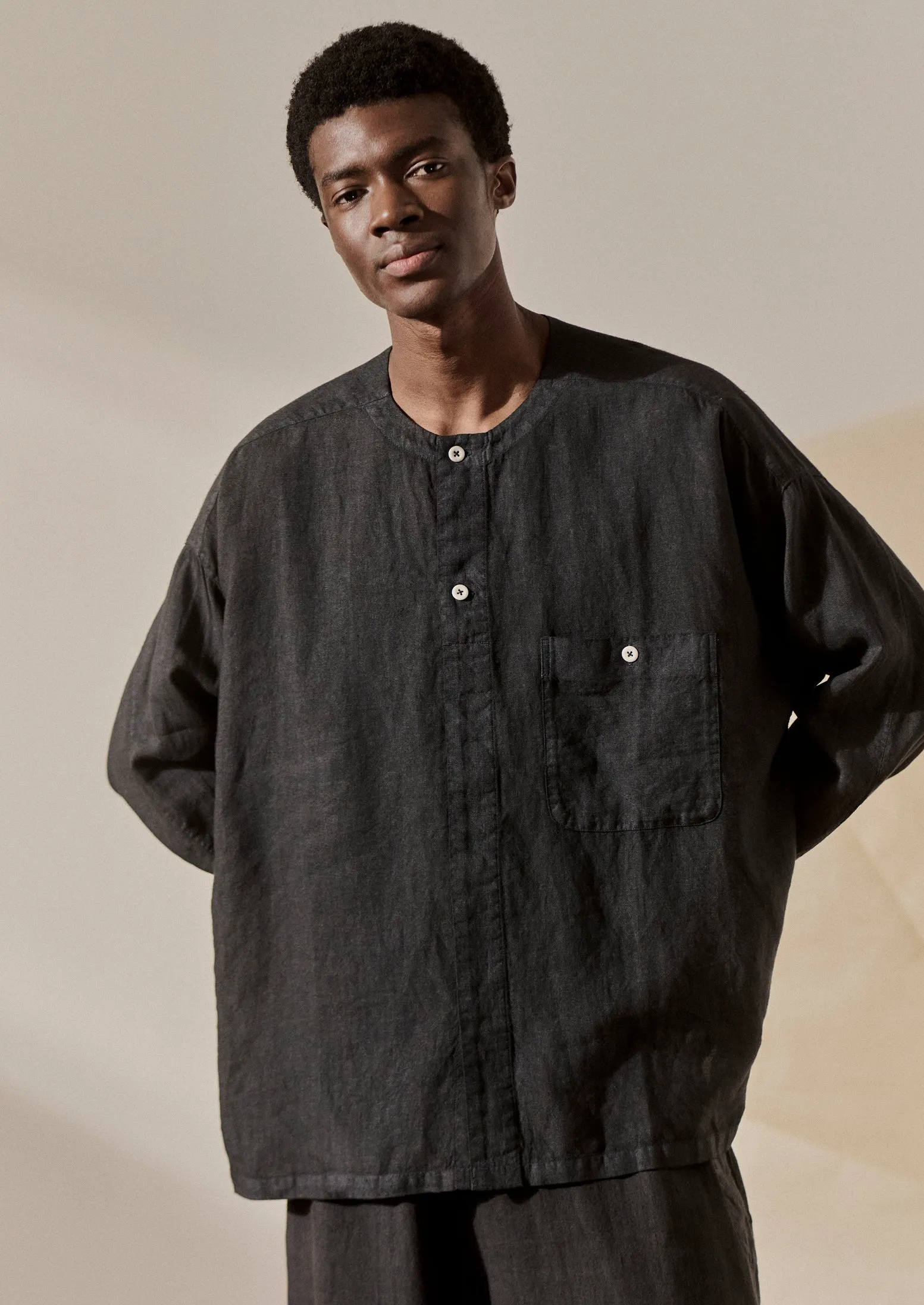 Garment Dyed Linen Collarless Shirt | Black Pepper sold by TOAST product image thumbnail 2